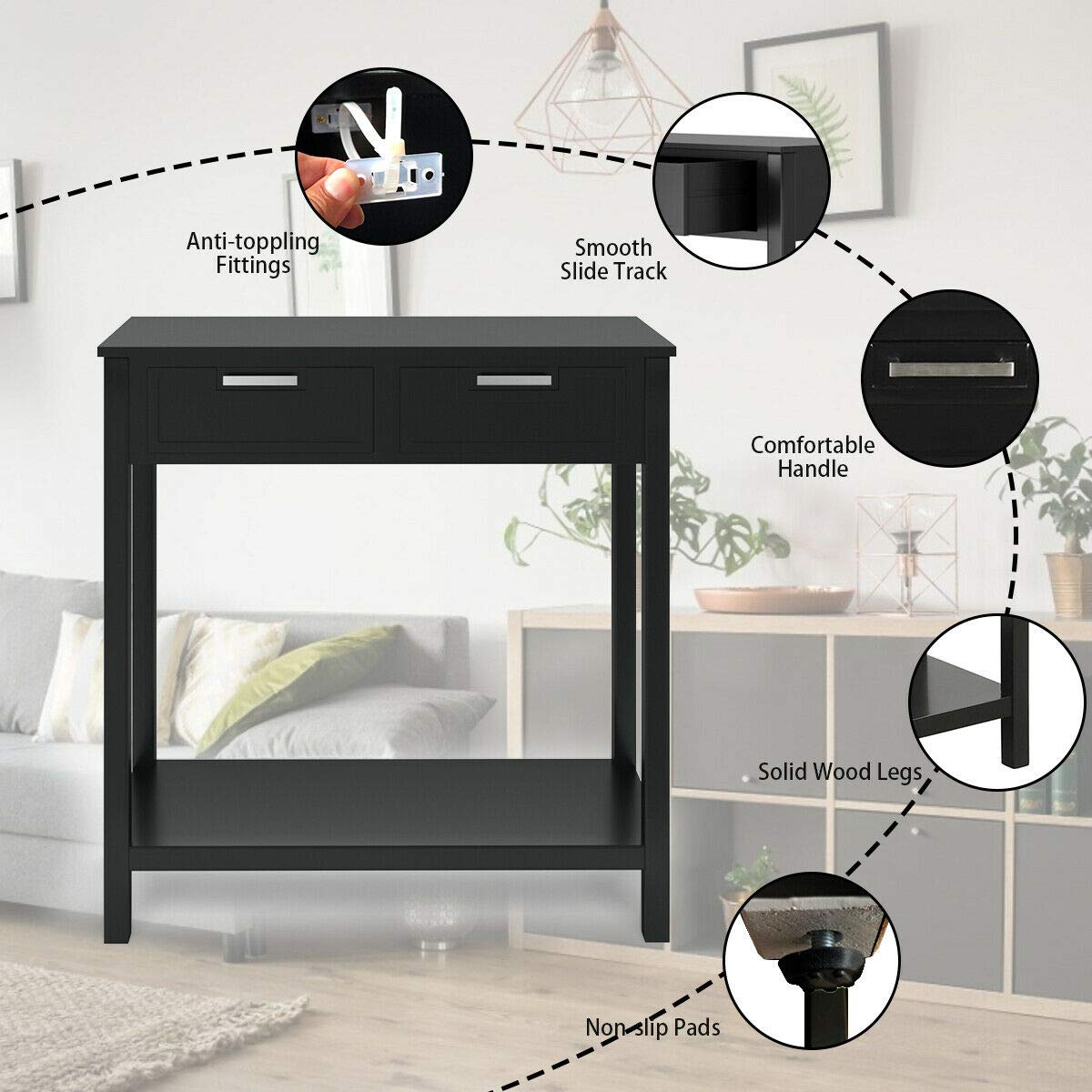 Modern Black Entryway Sofa Console Table with 2 Drawers - Sturdy Waterproof Storage Shelf for Living Room, Bedroom & Hallway - Easy to Clean Accent Furniture for Home Decor