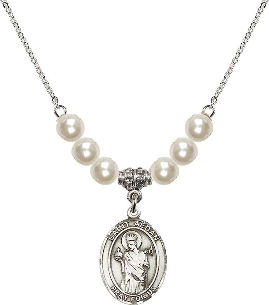 18-Inch Rhodium Plated Necklace with 6mm Faux-Pearl Beads & Saint Aedan of Ferns Charm - Elegant Irish Jewelry for Women, Gift for Baptism, Confirmation, or Irish Heritage Celebration