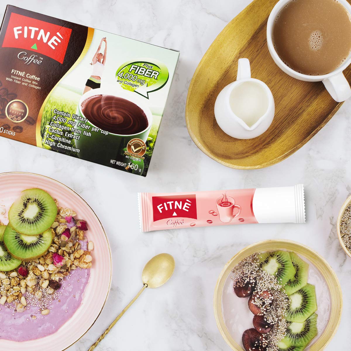 FITNE Premium Instant Coffee Packets with 4,000mg Fiber, Collagen, Cactus Extract & L-Carnitine - Sugar-Free, Chromium-Rich, Sucralose Sweetener (10 Sticks) - Perfect for Weight Management & Energy Boost at Home or Office