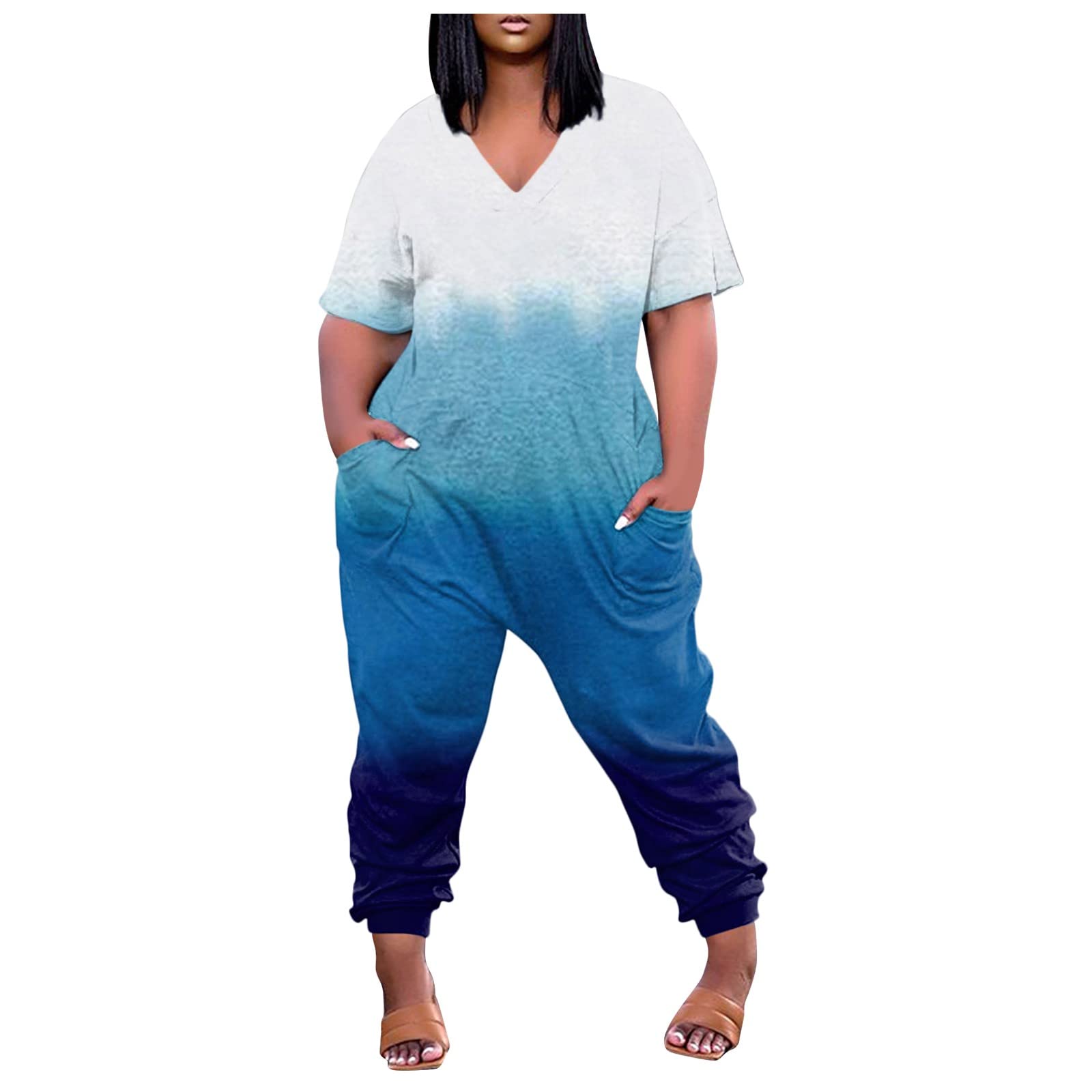 Women's Casual V-Neck Short Sleeve Overalls with Pockets - Stretchy Denim Jumpsuit in Sizes S-5XL | Perfect for Work, Weekend Outings & Outdoor Activities