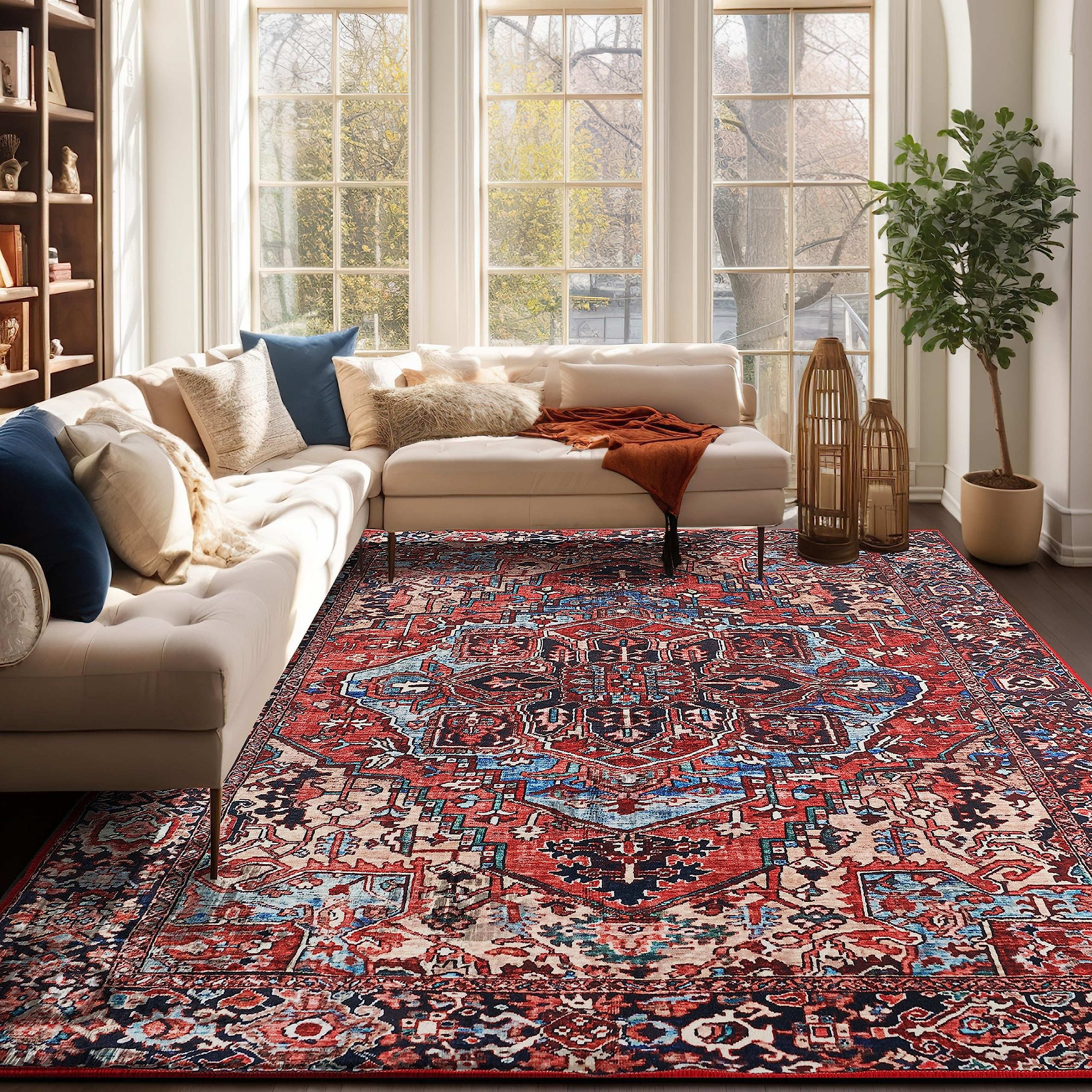 Anilour Washable Area Rugs - Flamenco Nights Vintage Boho Rug 8x10 ft, Machine Washable Non-Slip Stain Resistant Rug for Living Room, Bedroom, Dorm & Office - Red/Navy Blue Home Decor