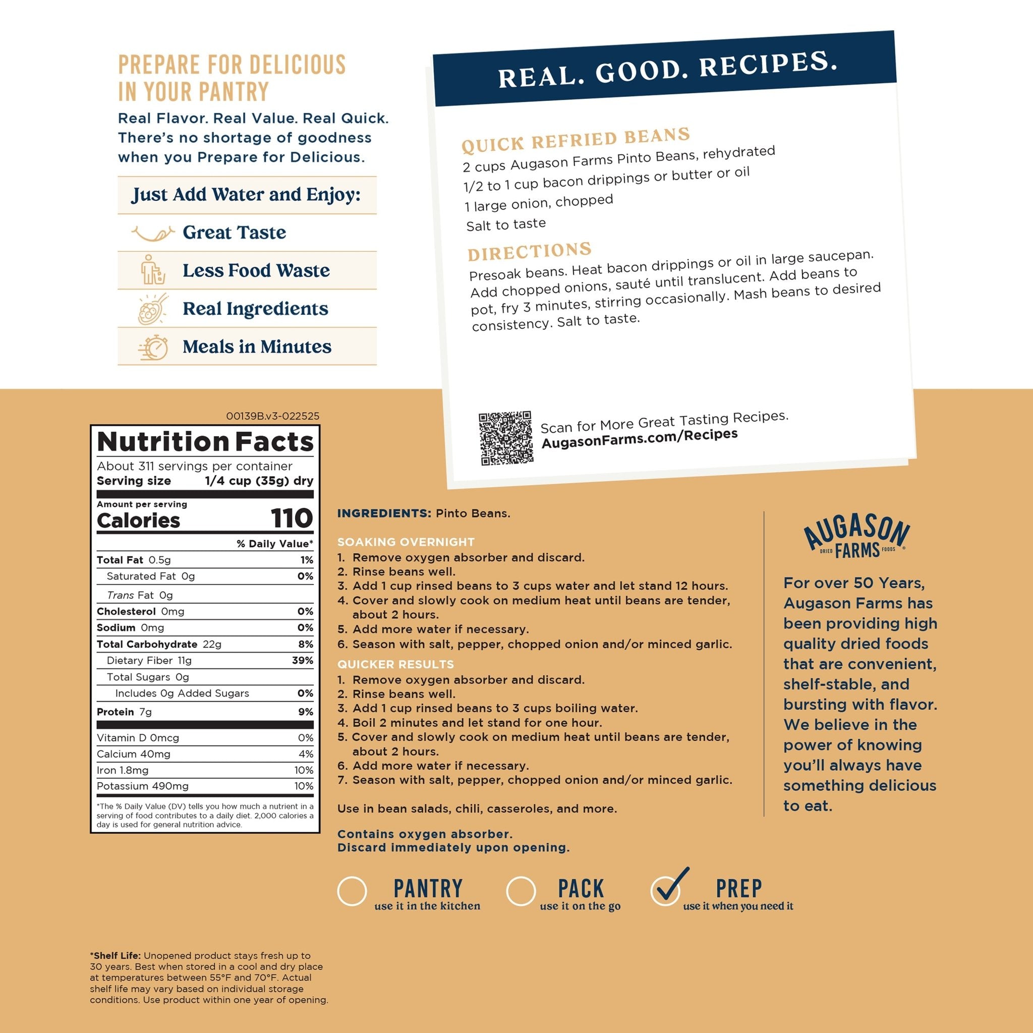Premium Dried Pinto Beans - 4 Gallon Bulk Pail (311 Servings) | High-Protein, Non-GMO, Gluten-Free | Perfect for Chili, Soups, and Mexican Recipes