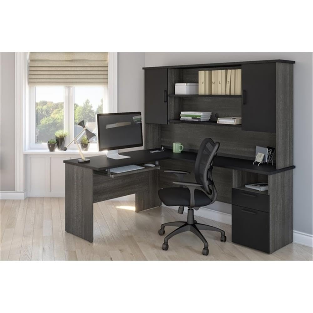 Modern L-Shaped Computer Desk with Hutch - Black & Bark Gray Finish for Home Office, Gaming & Workspace - Spacious Workstation with Storage Shelf & Keyboard Tray