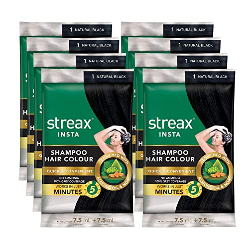 Streax Insta Shampoo Hair Color for Men & Women - Natural Black 25ml (10 Pack) | Enriched with Almond Oil & Noni Extracts | Long-Lasting Instant Hair Dye | Perfect for Gray Coverage, Touch-Ups & Quick Hair Color Refresh at Home