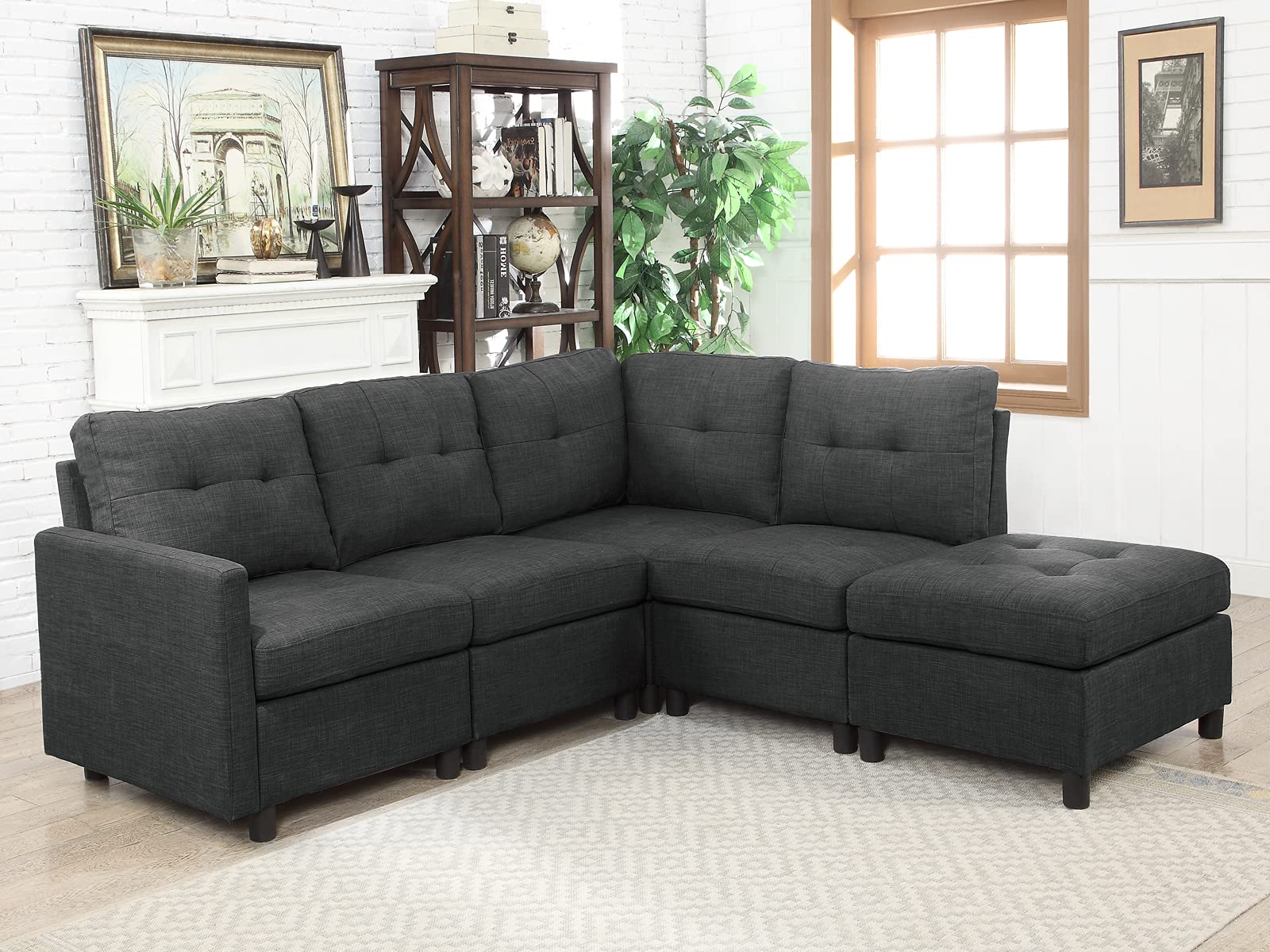 Sunflower Fabric Ottoman Footrest Stool - Dark Grey Modular Living Room Furniture for Sectional Sofa Sets | Perfect for Lounging, Extra Seating & Home Decor