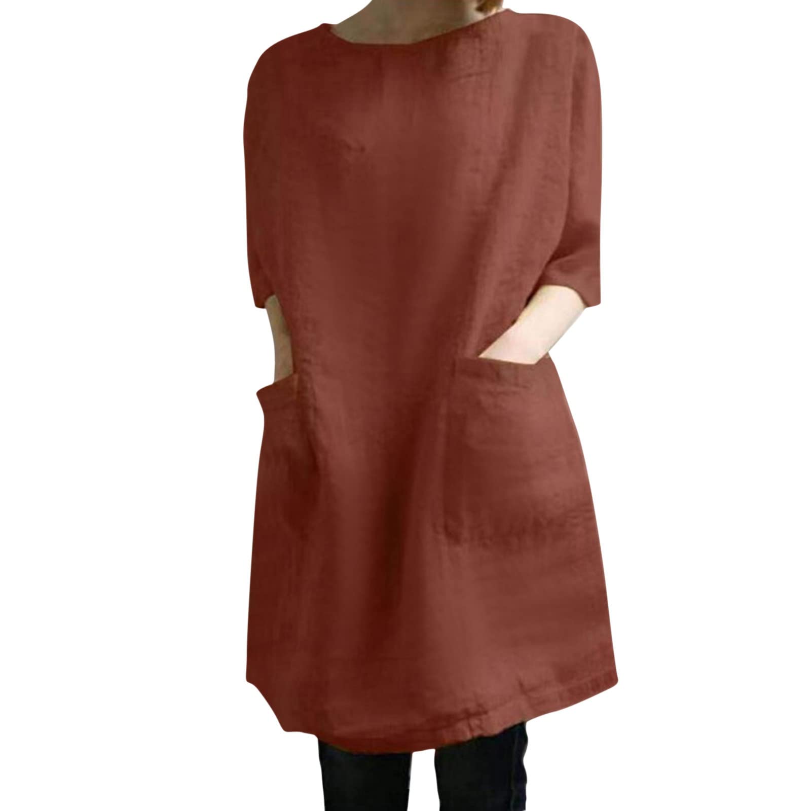 Women's Cotton Linen Tunic Dress - Round Neck Loose Fit Short Summer Casual Half Sleeve Top - Perfect for Beach, Vacation & Everyday Wear