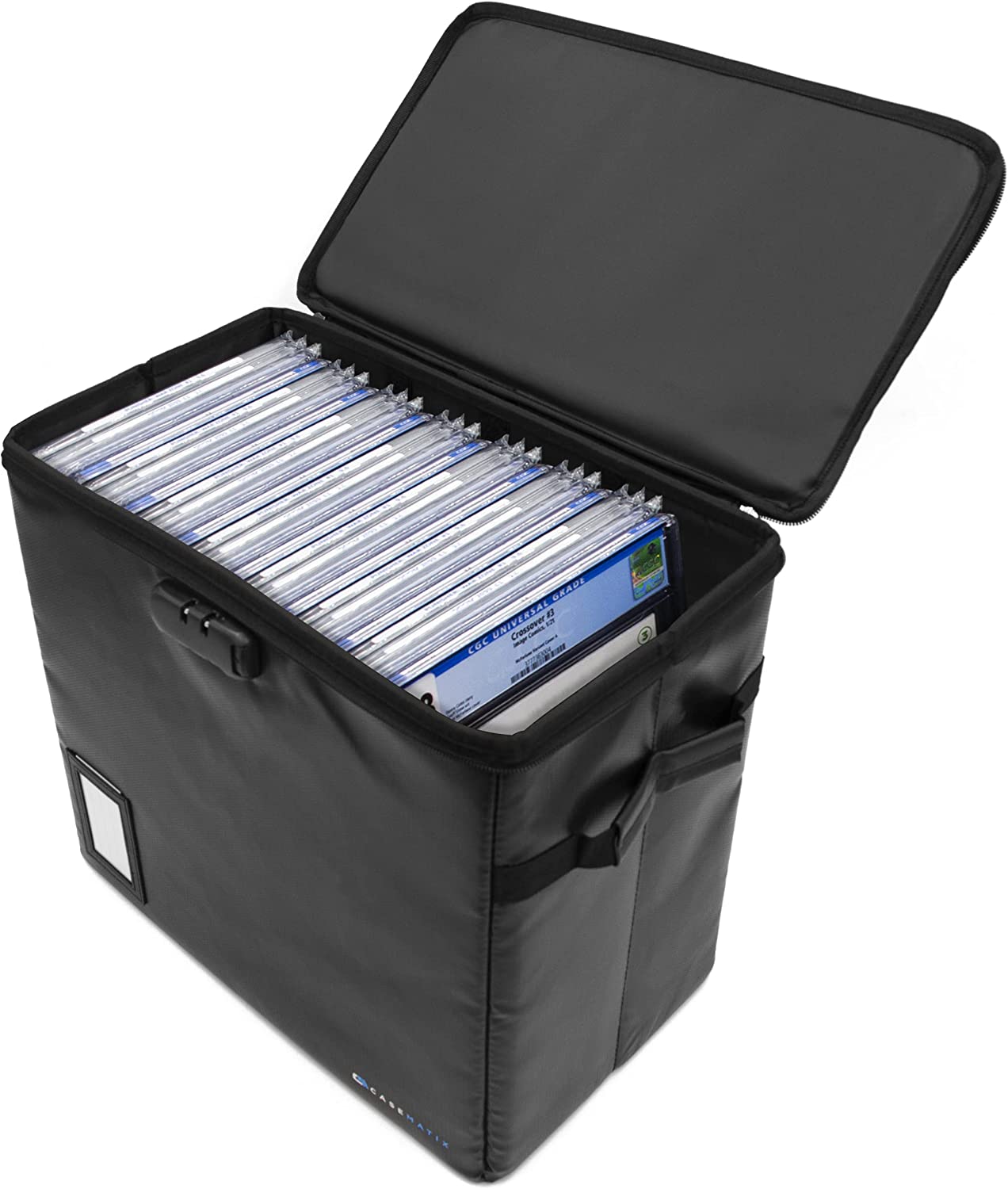 CASEMATIX Fireproof Comic Book Storage Box - Holds 30+ CGC Graded Comics with 3 Padded Dividers & Lock - Secure Display & Protection for Collectible Comics at Home or Comic Conventions