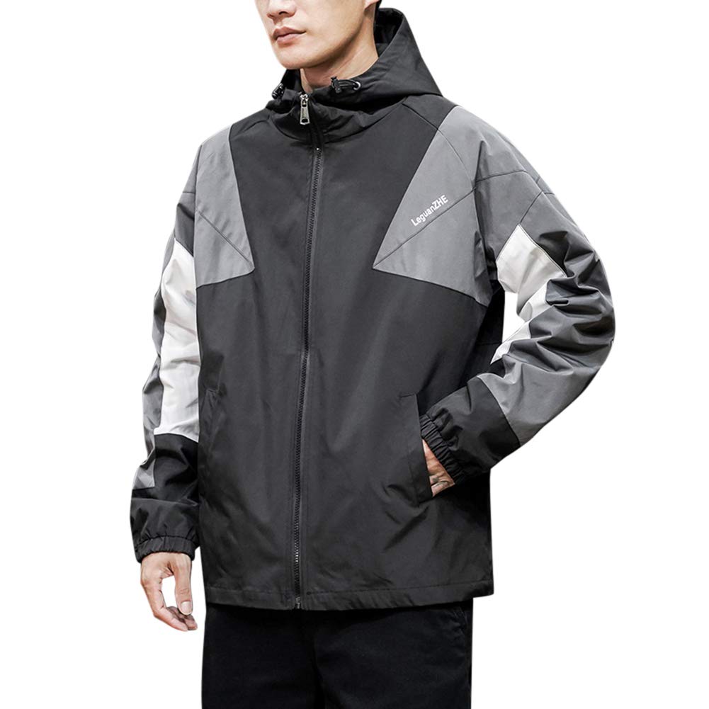 Men's Windproof Hooded Jacket with Contrast Color - Casual Loose Fit Full Zip Up Athletic Jacket for Outdoor Running, Hiking & Fitness Activities
