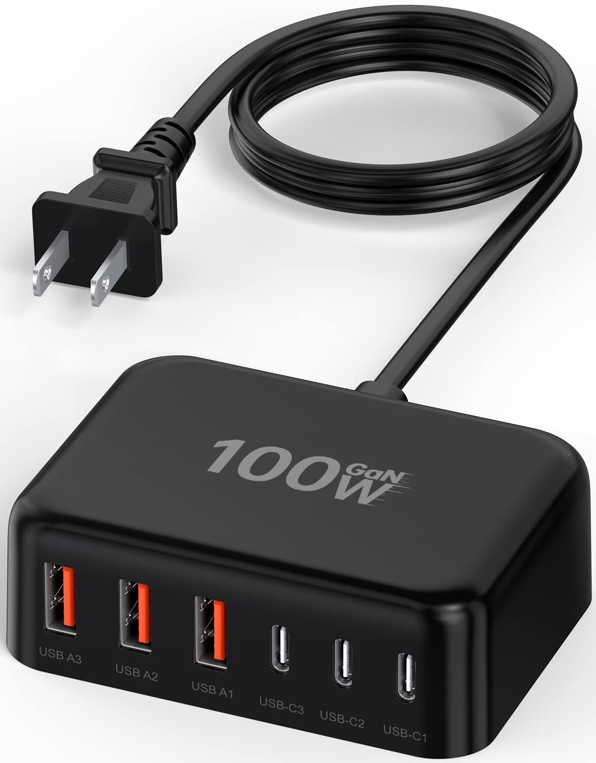 100W GaN 6-Port USB C Charger Block with PD & QC - Fast Charging Wall Adapter for iPhone 16/15/14/13/12 Pro Max, iPad, Samsung, Pixel - Includes 5ft Extension Cord - Perfect for Travel, Office & Home Charging Station