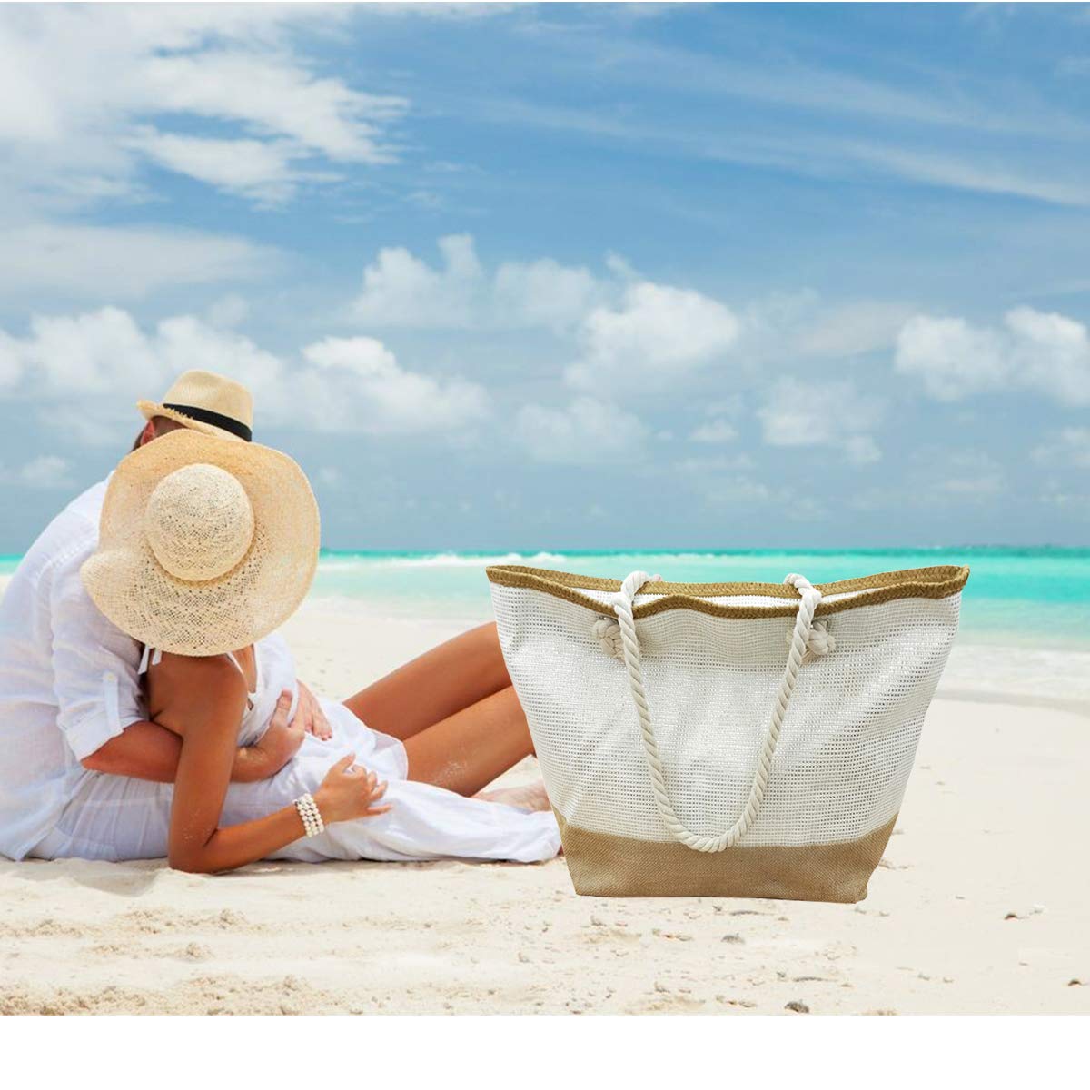 Straw Beach Tote Bag for Women with Zipper - Gym, Pool & Travel