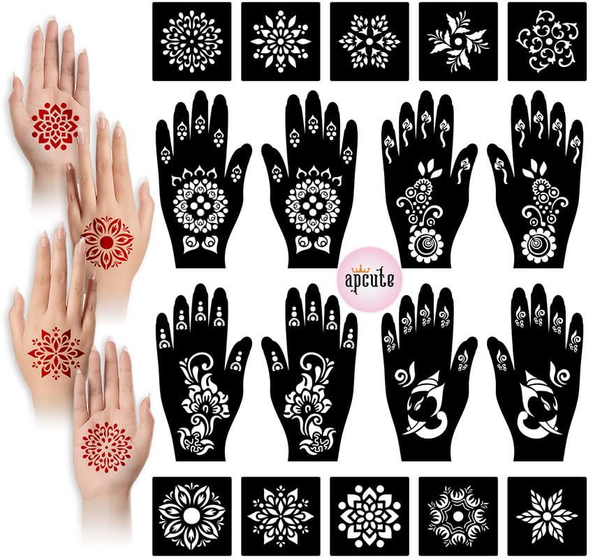 APcute Reusable Temporary Mehndi Tattoo Stencil Kit - 18 Piece Henna Design Set for Women, Girls & Kids | Easy 4-Step Application | Perfect for Weddings, Festivals & DIY Body Art