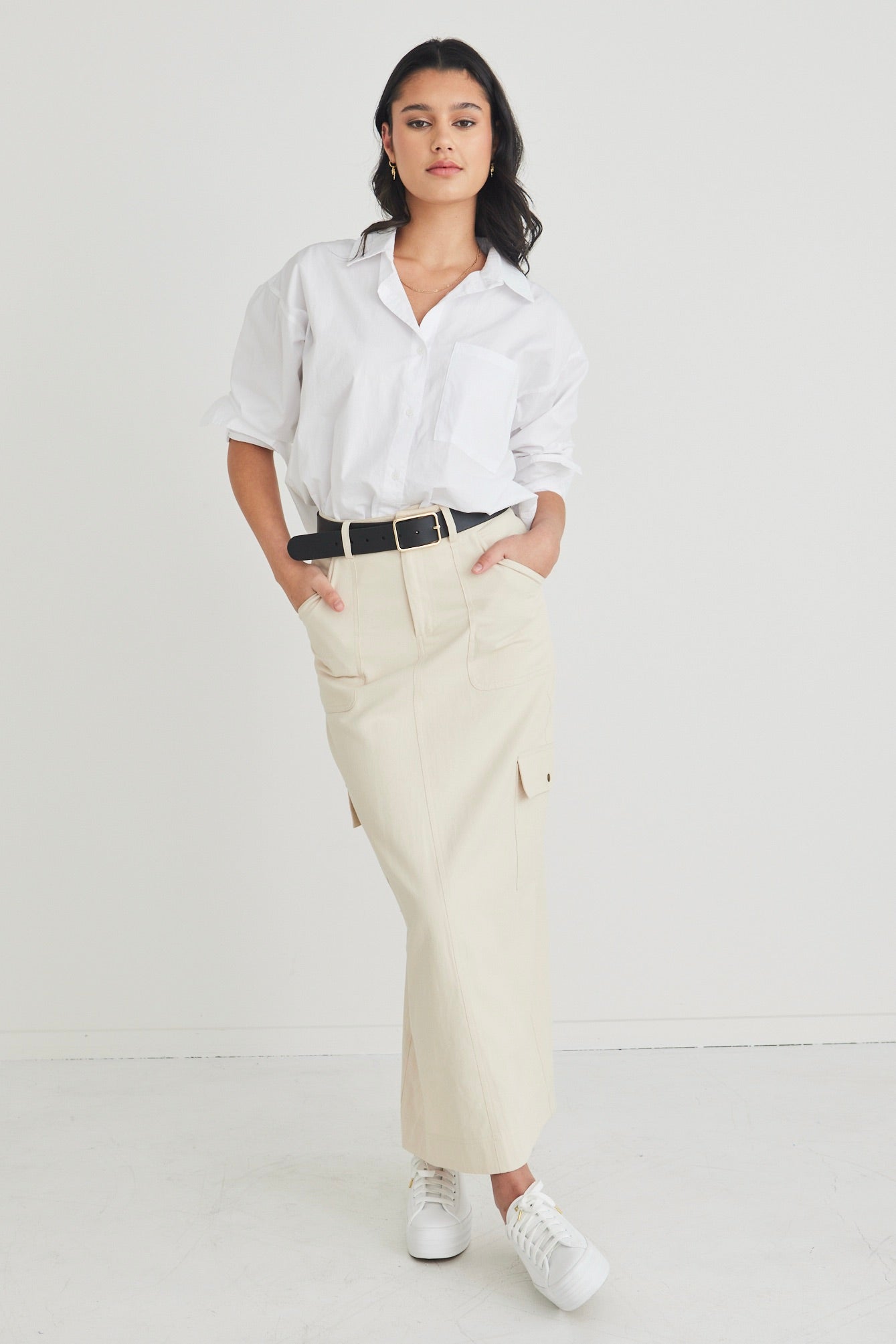 Frank Ivory Cotton Utility Midi Skirt for Women - Casual Stretch Waist A-Line Skirt with Pockets - Perfect for Work, Office, and Everyday Wear