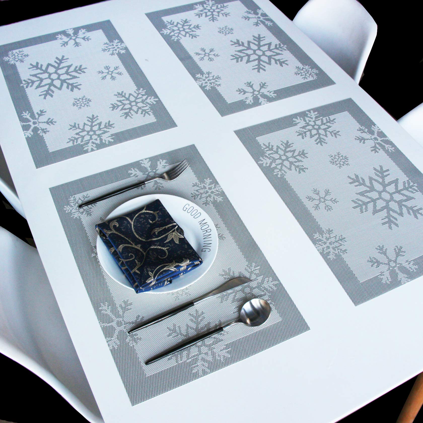 Christmas Placemats Set of 6 - Vinyl Woven Non-Slip Washable Table Mats for Dining - Snow Silver | Holiday Dinner Party Decor & Home Table Setting