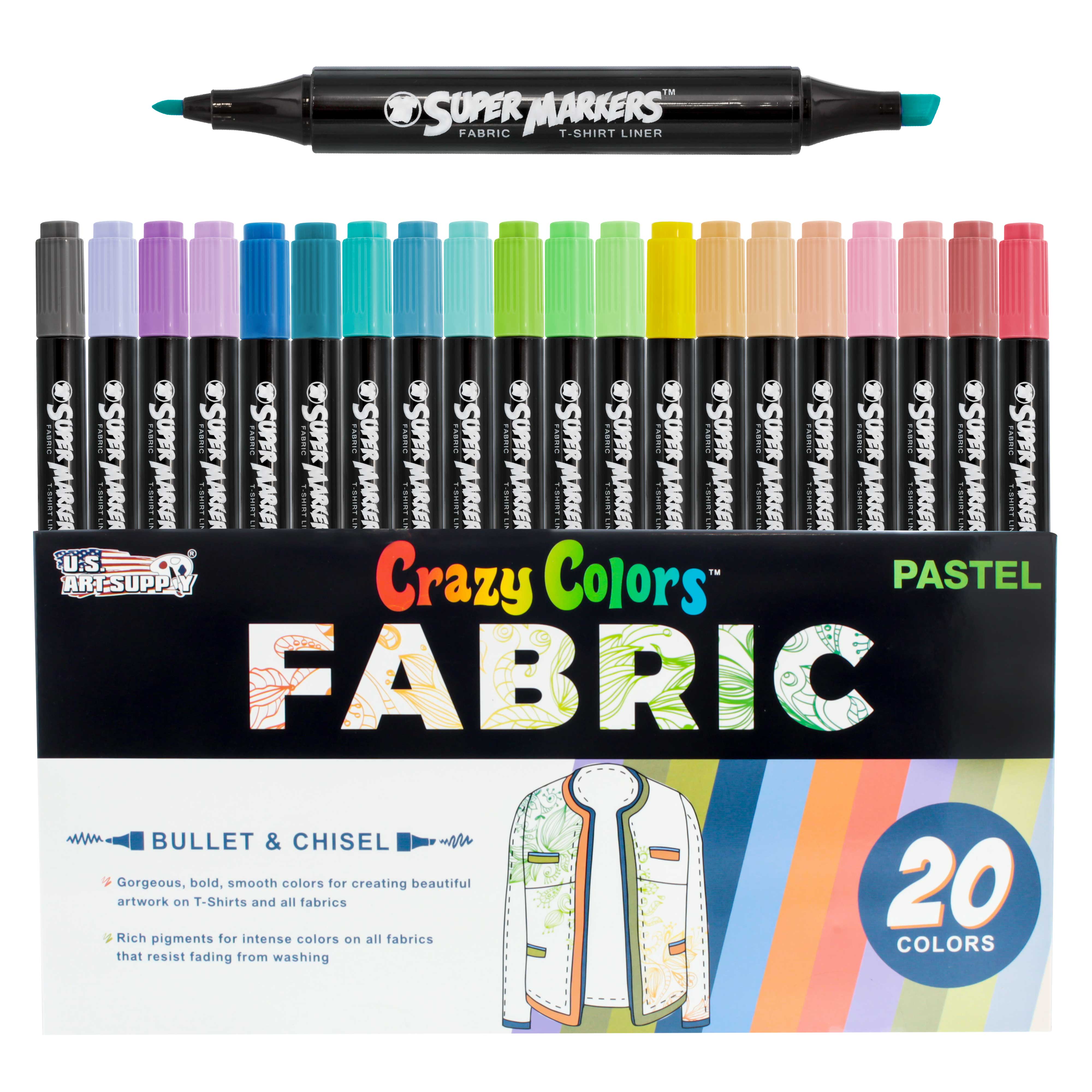 20 Unique Pastel Colors Dual Tip Fabric & T-Shirt Marker Set - Double Ended Fabric Markers with Chisel & Fine Point Tips - Bold Permanent Ink for DIY Crafts, Clothing Customization & Fabric Art Projects