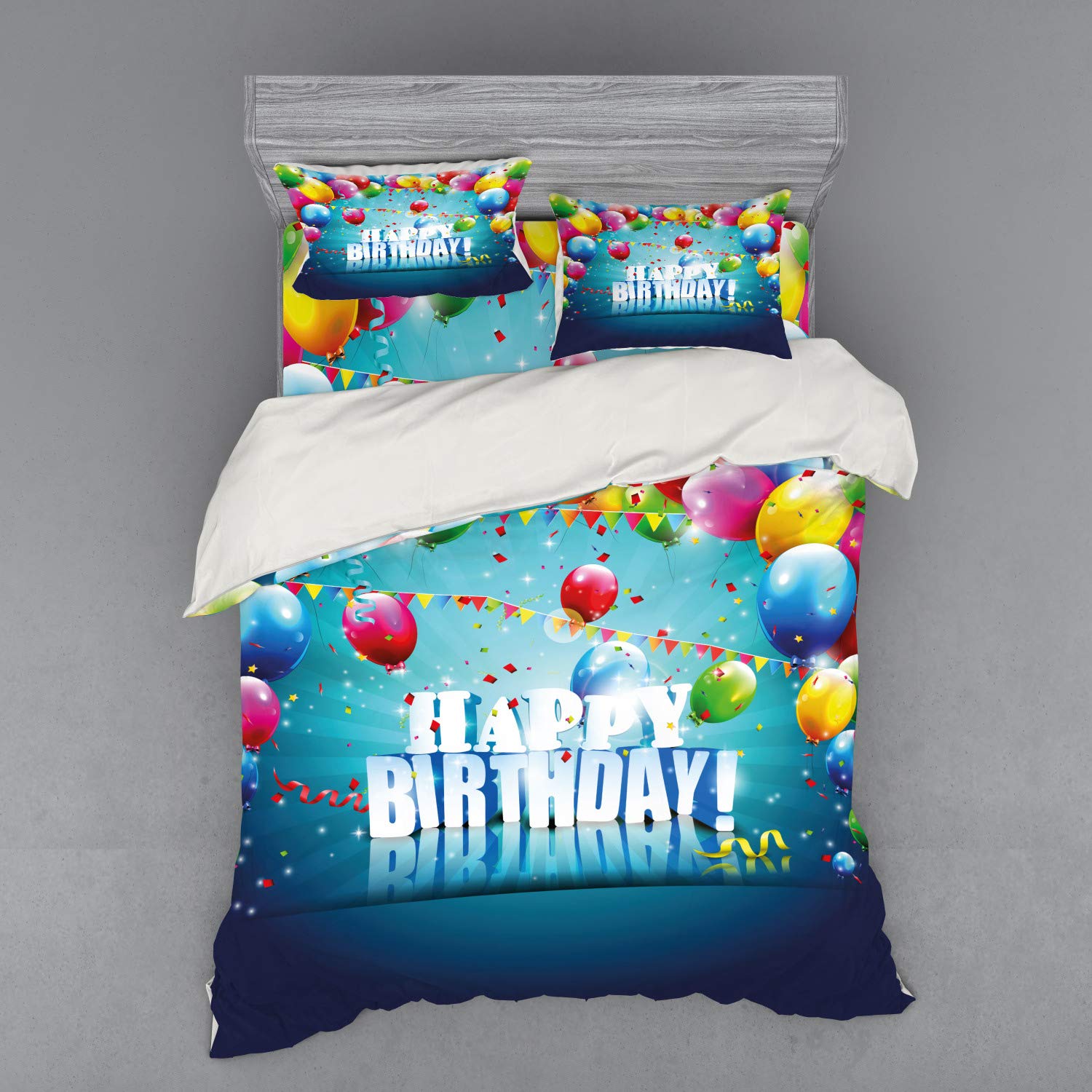 Ambesonne 3D Balloon & Flag Birthday Duvet Cover Set - Vibrant Multicolor Queen Size 4-Piece Bedding with Shams & Fitted Sheet | Perfect for Surprise Parties, Bedroom Decor & Gift Giving
