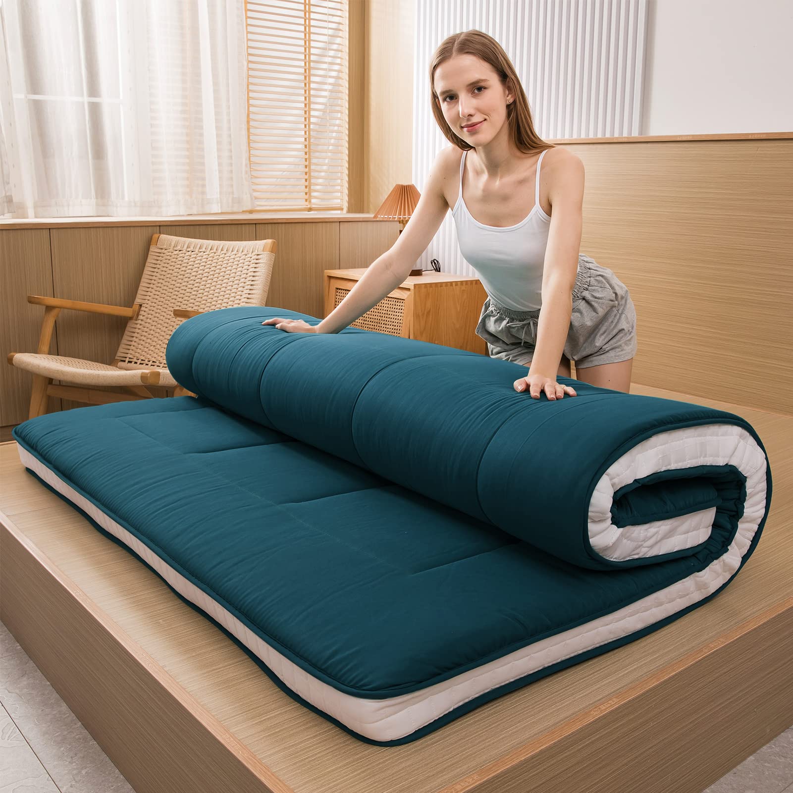 MAXYOYO Futon Mattress - Japanese Floor Sleeping Pad with Quilted Topper, Bluestone Blue | Foldable Floor Bed for Guest Room, Dorm, Camping & Yoga Mat Alternative