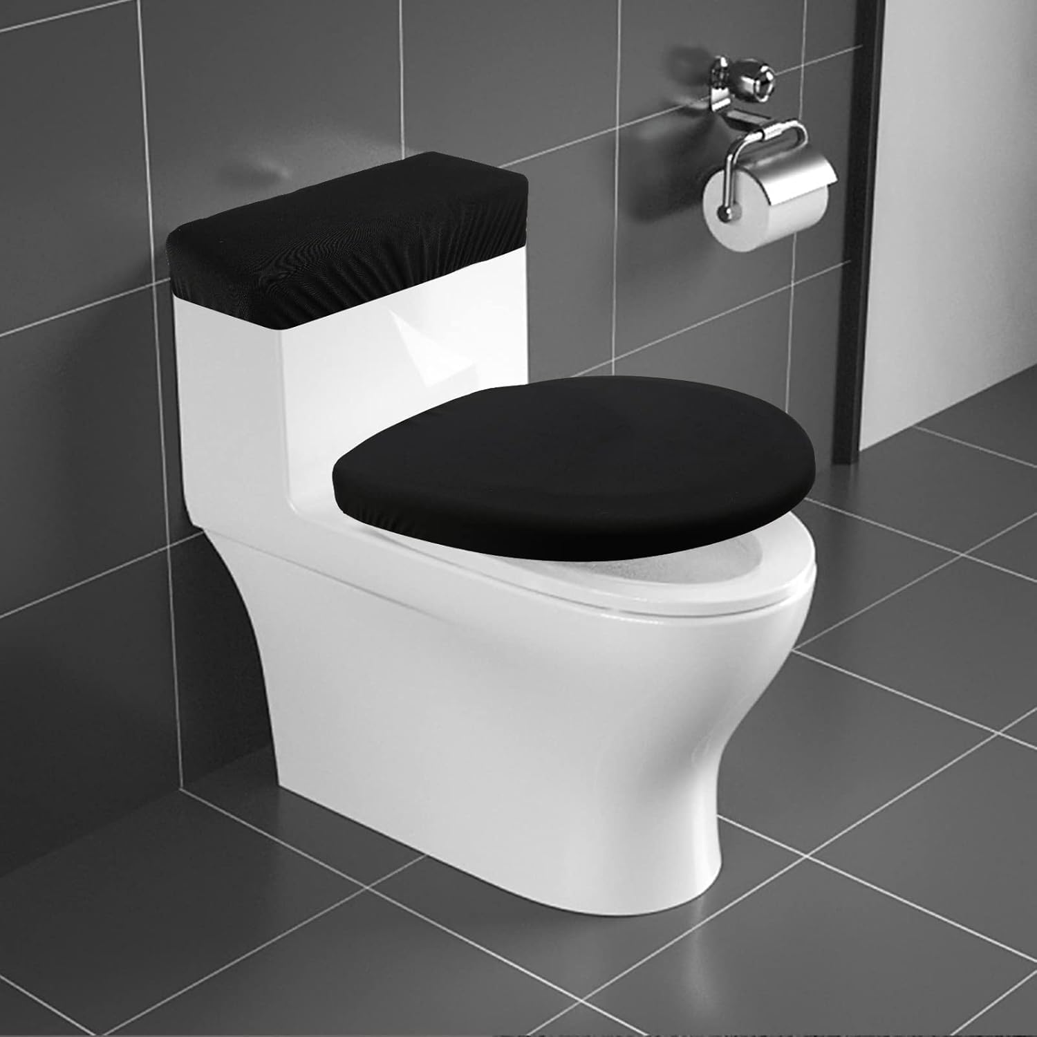 Soft Elastic Toilet Seat Cover and Tank Lid Set - Machine Washable, Universal Fit for Most Toilet Sizes (Black) | Bathroom Comfort & Hygiene Upgrade for Home, Hotel, and Office Use