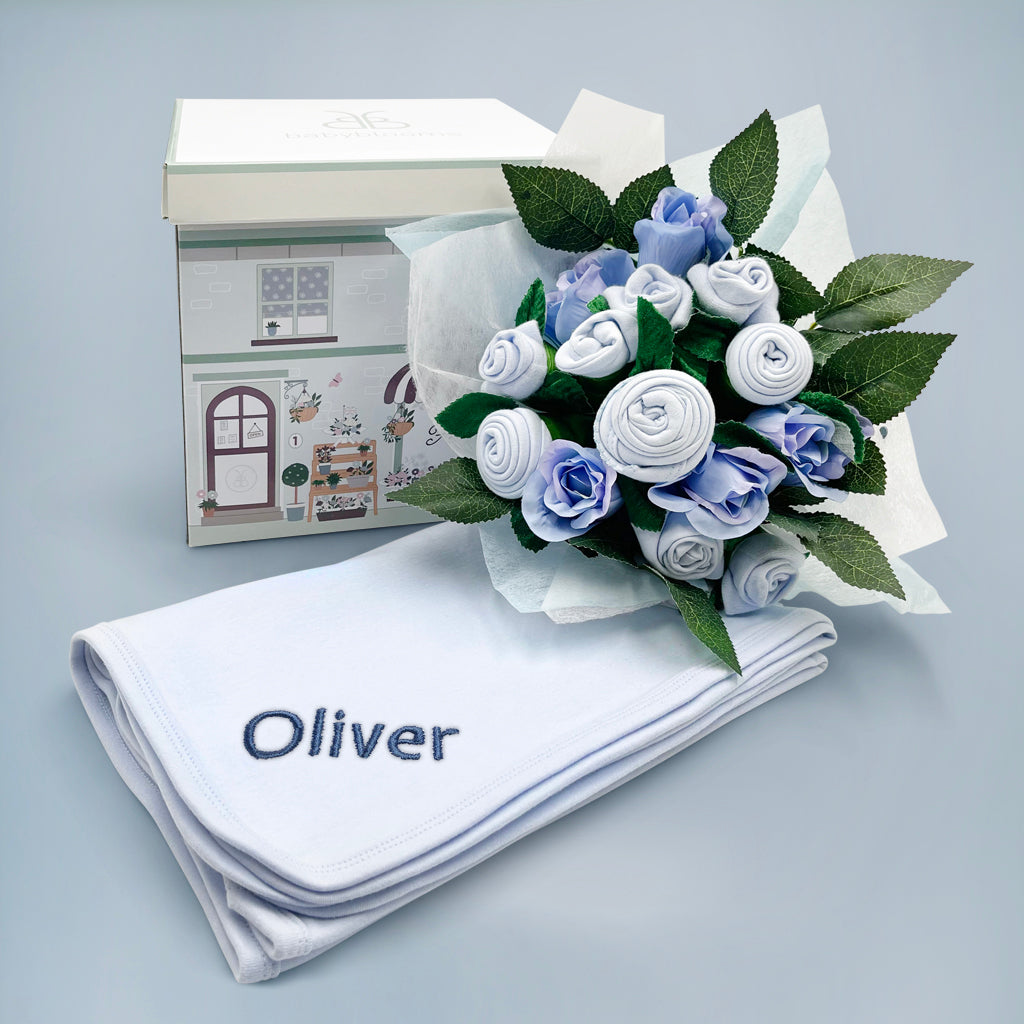 Personalized Baby Clothes Bouquet with Hand-Tied Snuggle Wrap - Blue | Perfect for Baby Showers, Newborn Gifts & Gender Reveals