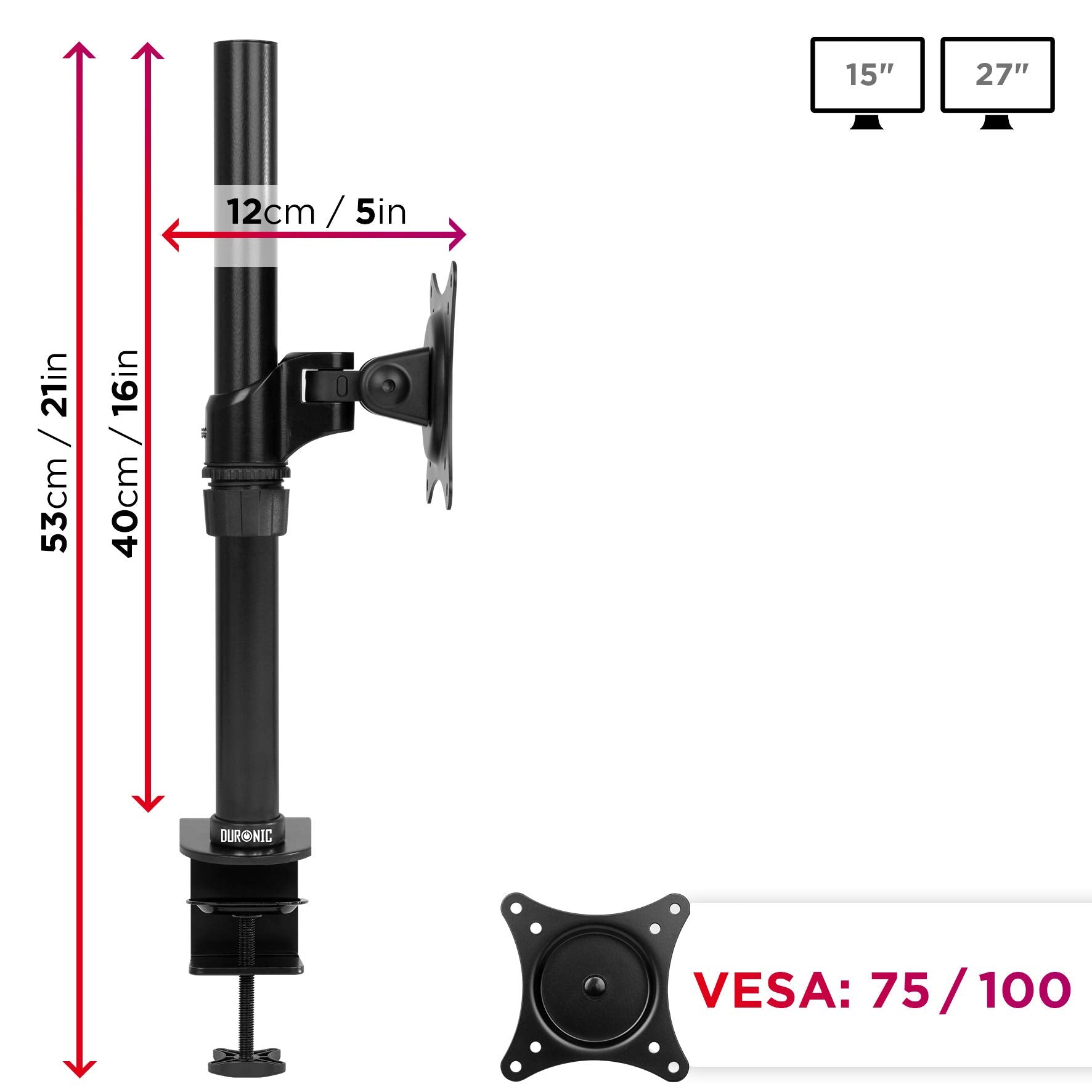 Duronic DM451X1 Single Monitor Arm Stand - Aluminum Height Adjustable Desk Mount for 15-27