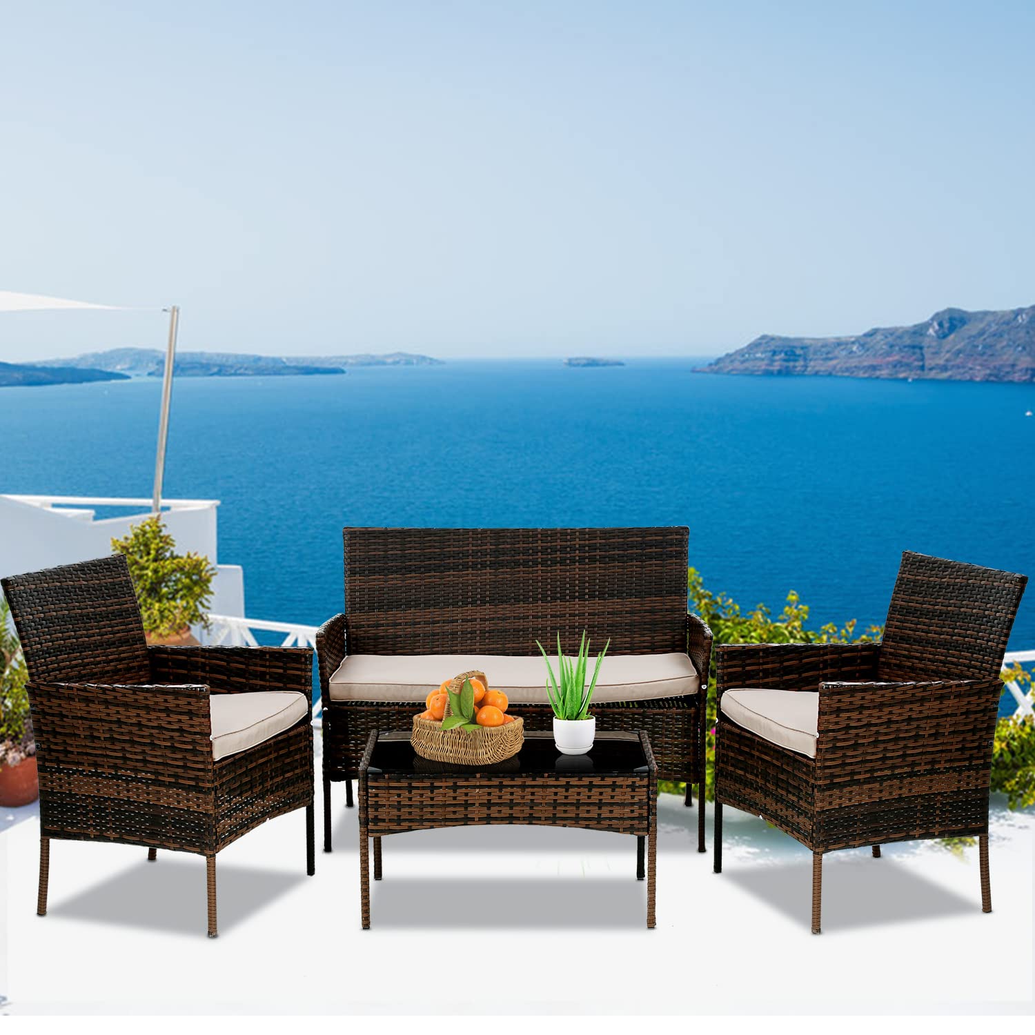 4-Piece Wicker Patio Furniture Set with Cushions - Outdoor Rattan Conversation Sofa & Table for Balcony, Backyard, Porch - Black Modern Patio Seating for Relaxing & Entertaining Guests