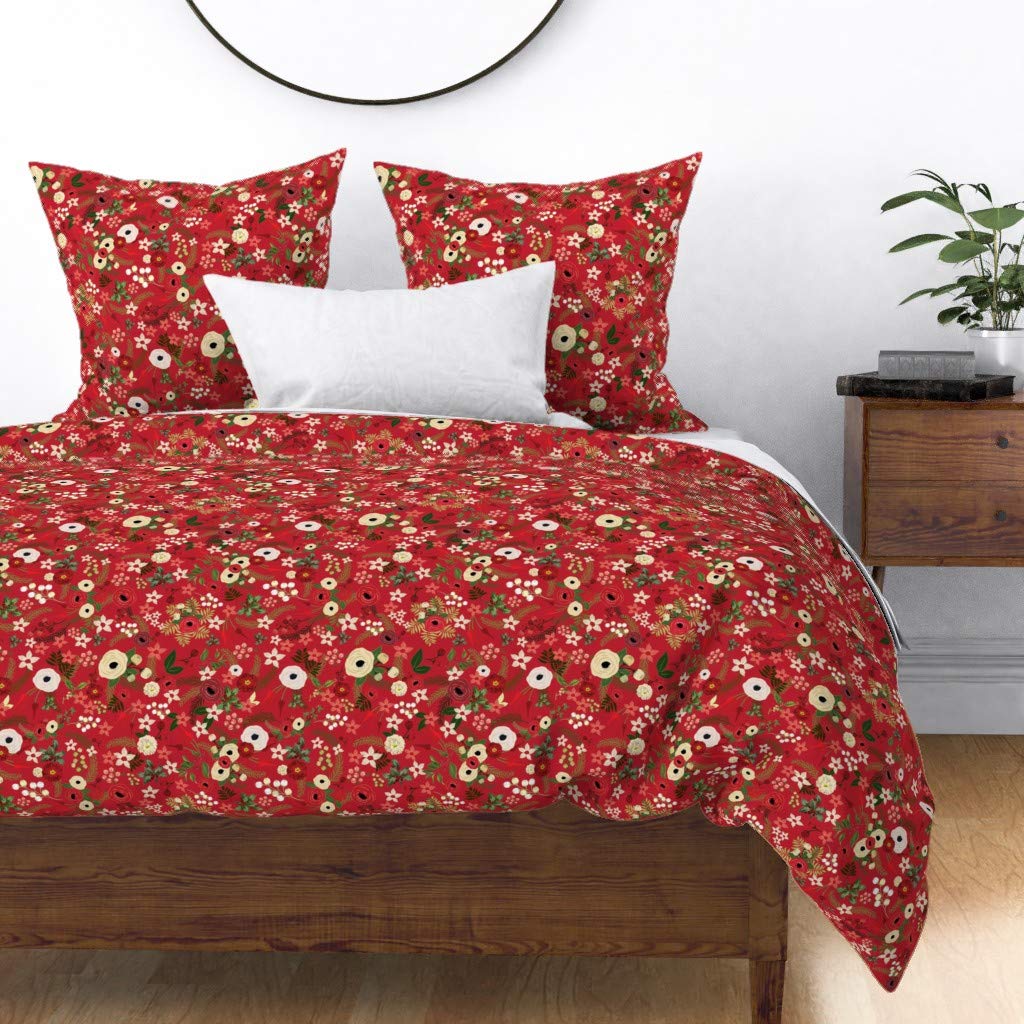 Vintage Christmas Floral Red Holly Berries Duvet Cover - King/California King Size Cotton Sateen Bedding Set | Holiday Festive Winter Rustic Print Custom Bedding for Cozy Seasonal Home Decor