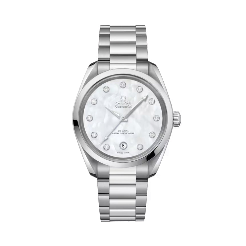 Omega Seamaster Aqua Terra 150M Co-Axial Master Chronometer 38mm Watch - Mother of Pearl Dial with Diamond Markers & Stainless Steel Bracelet - Luxury Dress Watch for Women, Perfect for Business Meetings & Special Occasions
