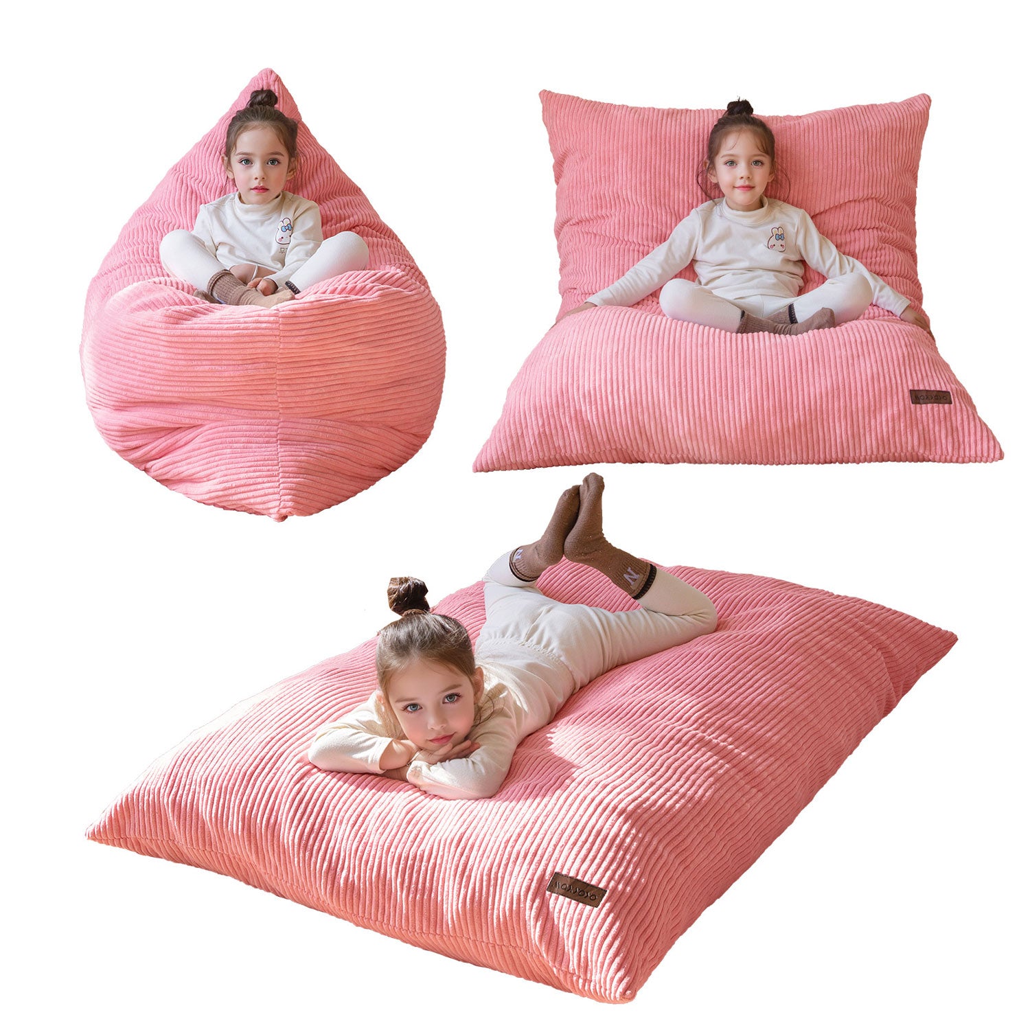 MAXYOYO 3-in-1 Convertible Kids Bean Bag Chair & Bed - Pink Floor Sofa for Children's Room, Gaming, Reading & Nap Time | Multi-Functional Toddler Furniture for Playroom, Bedroom & Dorm