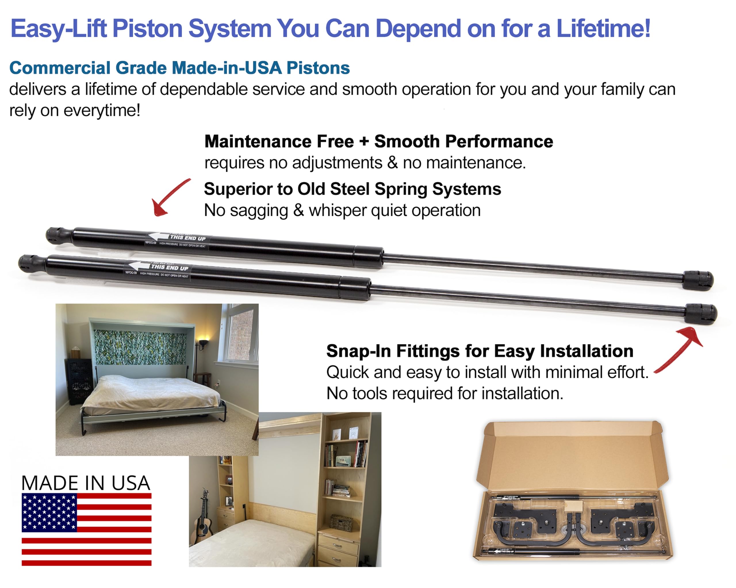Full Murphy Bed Hardware Kit Vertical - Made in USA - DIY Full Size Wall Bed Kit for Guest Room - Easy to Build Hidden Bed System - Space Saving Vertical Murphy Bed for Small Apartments & Home Offices