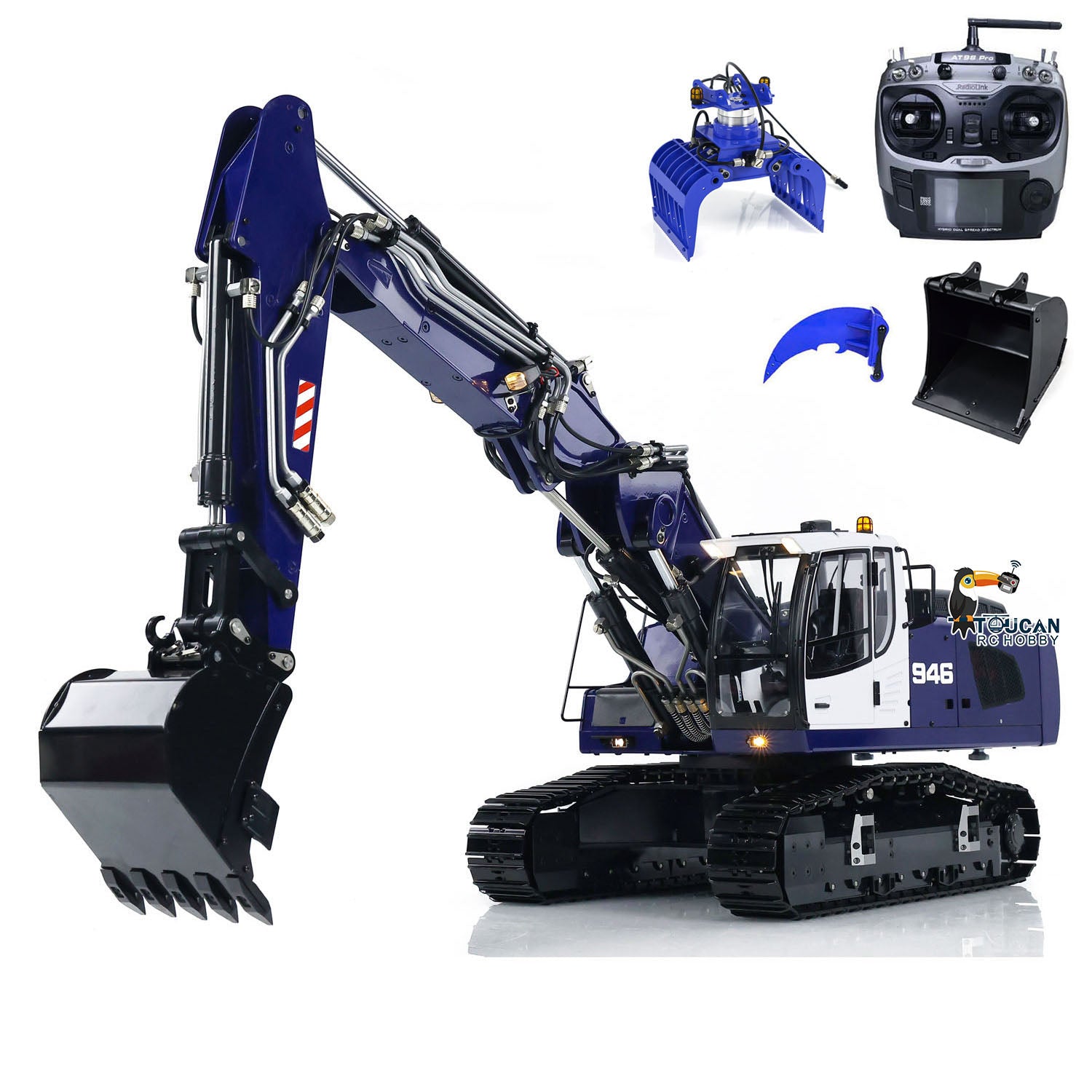 1/14 Scale 946 3-Arm RC Hydraulic Excavator Toy - Metal Remote Control Construction Digger with Tiltable Bucket, Ripper & Clamshell Grabber | Realistic Construction Play for Kids & Adults