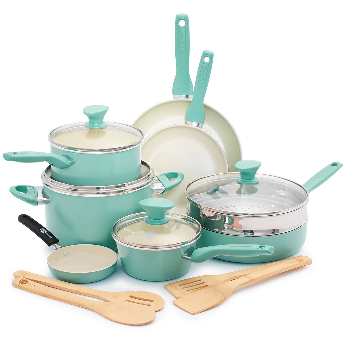 Rio Ceramic Nonstick 16-Piece Cookware Set - Turquoise Blue | Non-Toxic PFOA-Free Pots & Pans | Perfect for Frying, Boiling & Everyday Cooking