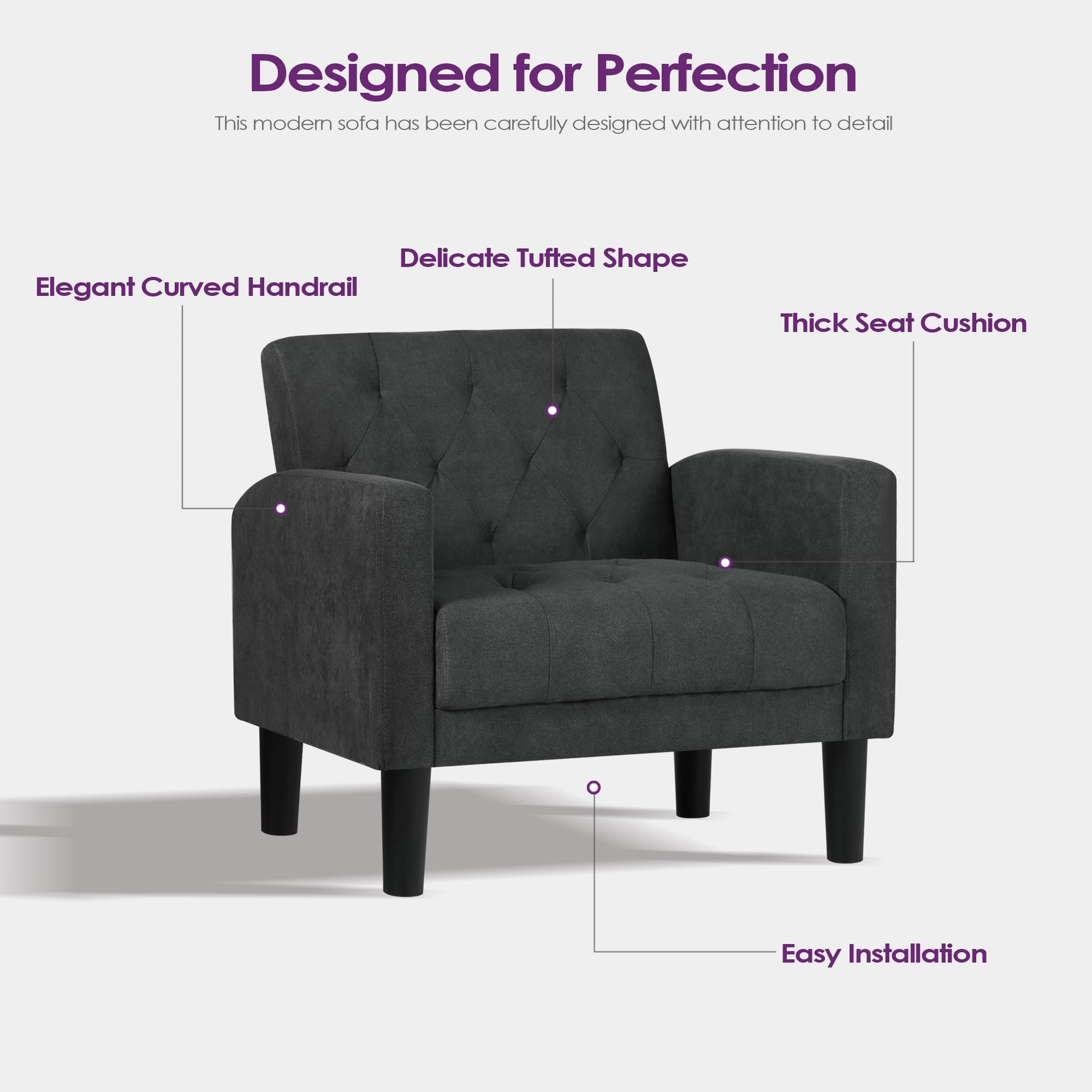TYBOATLE Mid Century Modern Accent Chairs Set of 2 - Tufted Upholstered Armchairs for Living Room, Bedroom & Office - Dark Grey Lounge Chairs Perfect for Reading, Relaxing & Decor (Set of 2)