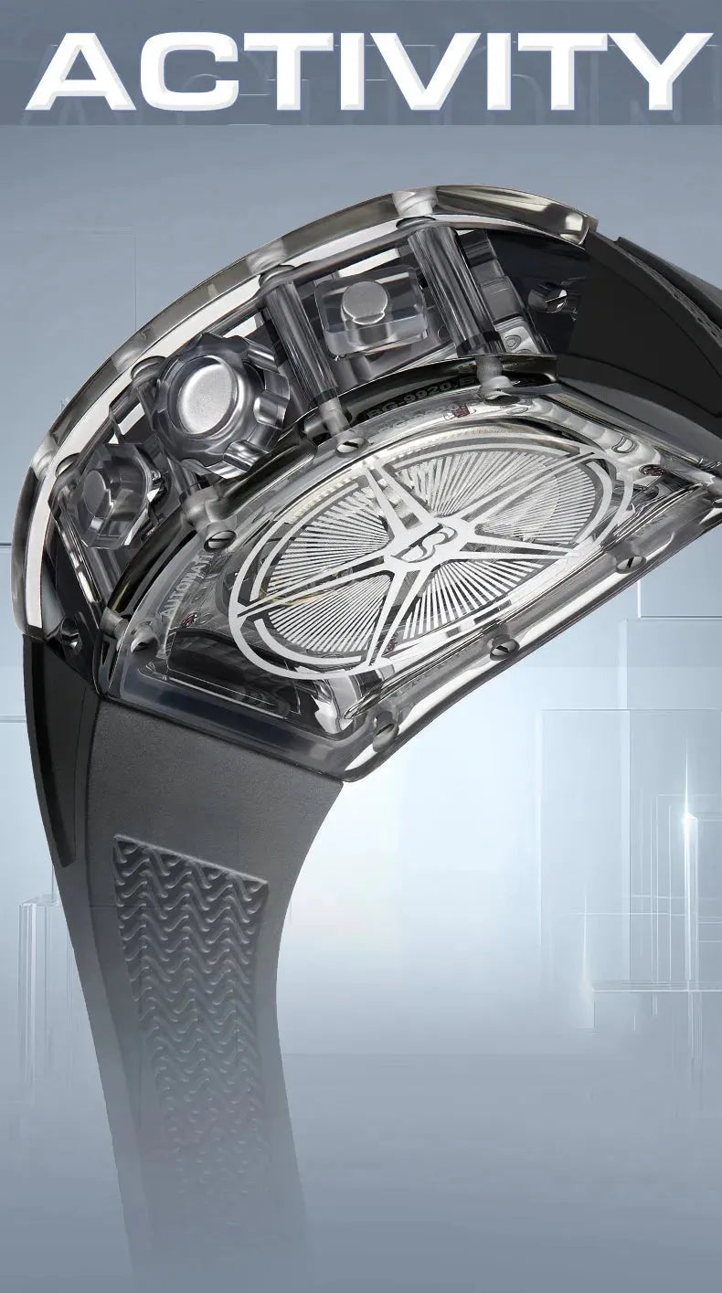 BONEST GATTI Men's Automatic Mechanical Watch - 45mm Tonneau Crystal Case with Luminous Hands, Date Month Week Display, Fluororubber Band - Perfect for Business, Casual Wear & Special Occasions