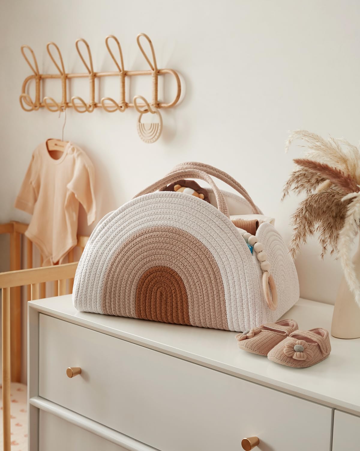 Blissful Diary Baby Diaper Caddy Organizer - Cotton Rope Storage Basket for Newborn Boys & Girls | Large Nursery Organizer for Diapers, Wipes & Baby Essentials | Perfect Baby Shower Gift & Newborn Must-Have in Earthy Rainbow Design | Ideal for Nursery, Bedroom & On-the-Go Parenting