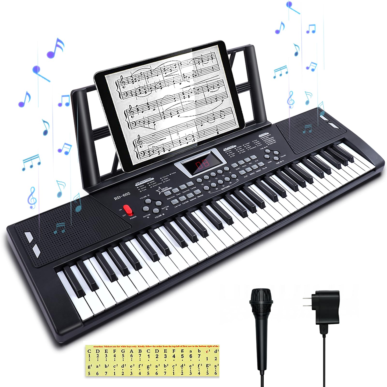 61-Key Electronic Keyboard Piano for Kids & Beginners - Portable Digital Piano with Built-In Speaker, Microphone, Music Stand & Power Adapter - Perfect for Home Learning, Music Practice & Gift Giving