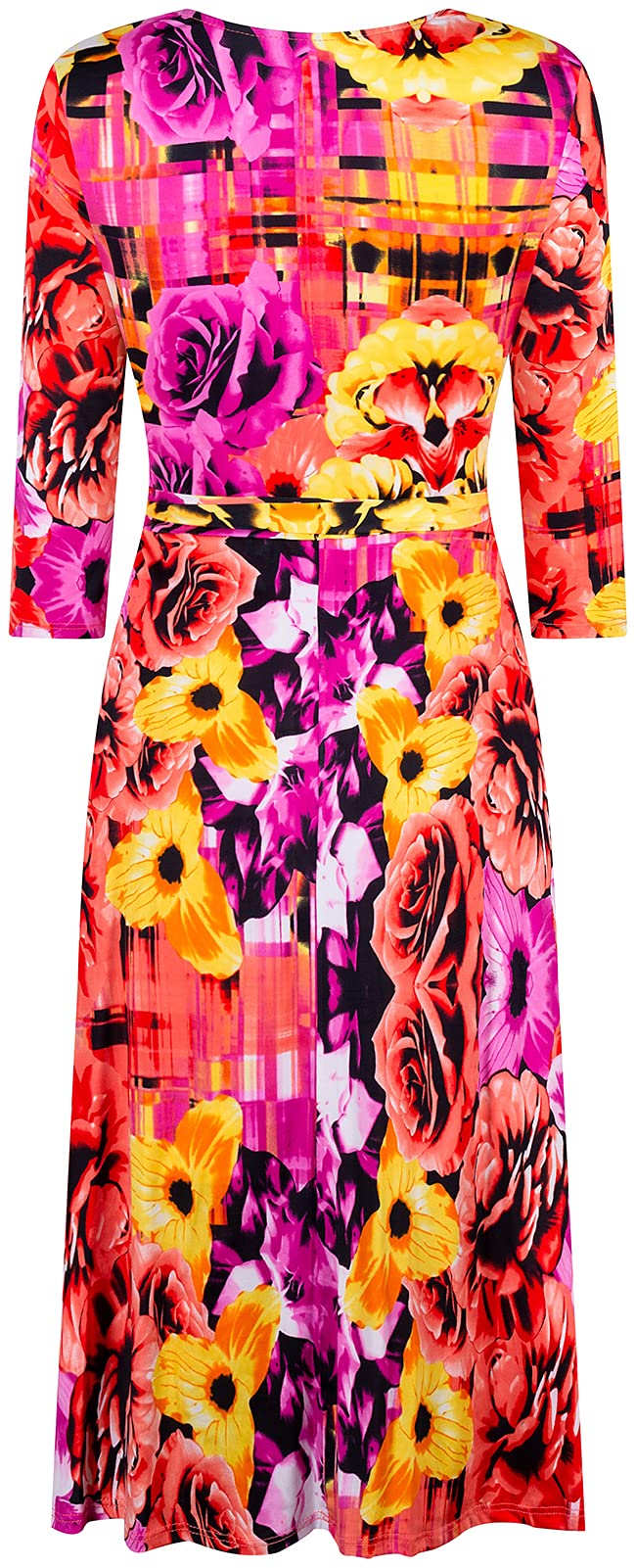 Women's 3/4 Sleeve Faux Wrap Midi Dress - Knee Length Summer Wedding Guest Dress for Bridal Shower, Baby Shower & Maternity Nursing - Fuchsia Pink - Made in USA | Perfect for Garden Parties, Cocktail Events & Special Occasions