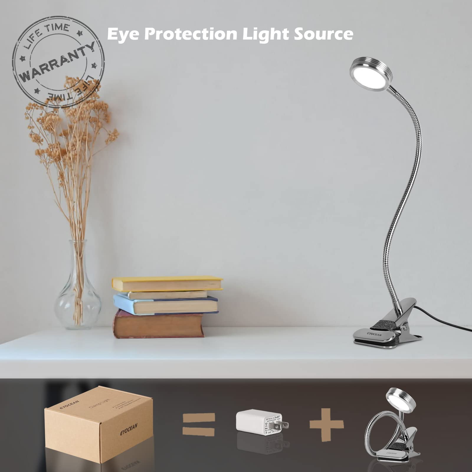 Dimmable LED Clip-On Reading Light with 3 Modes & 9 Brightness Levels - Flexible Desk Lamp for Bed Headboard, Office, Study - Perfect for Night Reading, Working & Studying (5W, Silver, AC Adapter Included)