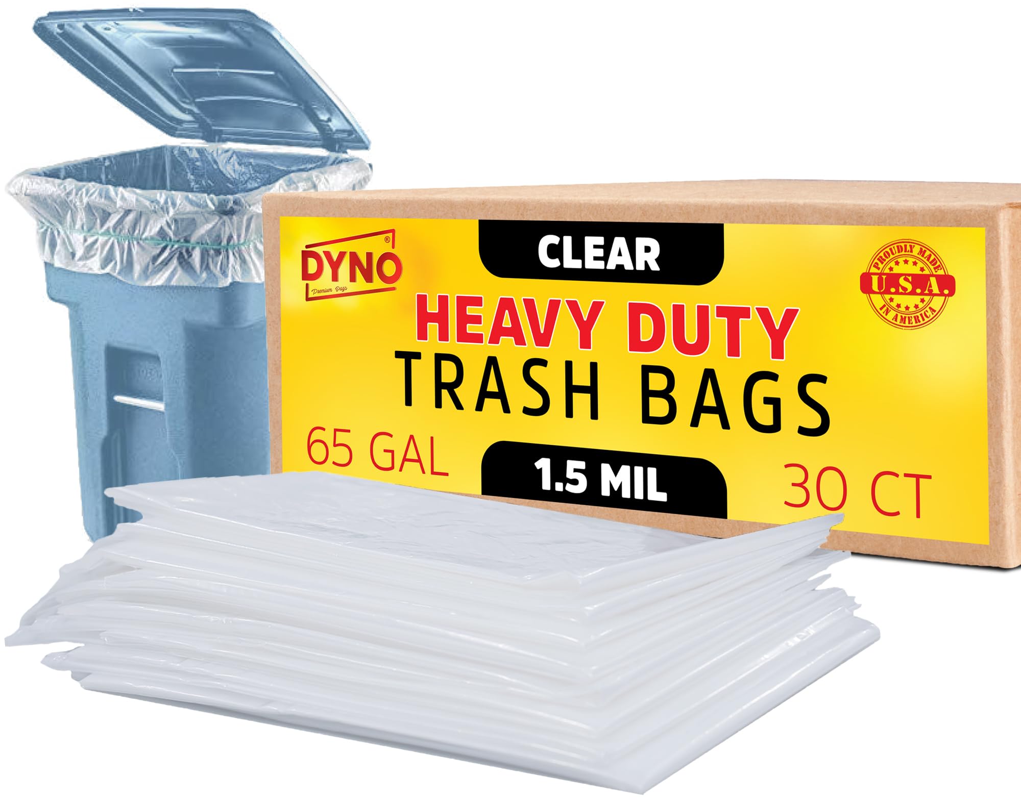**65 Gallon Heavy Duty Trash Bags - 1.5 Mil Clear, 30 Count - Industrial Strength Large Trash Bags - Individually Folded - Made in USA - Perfect for Commercial, Industrial, and Home Use**