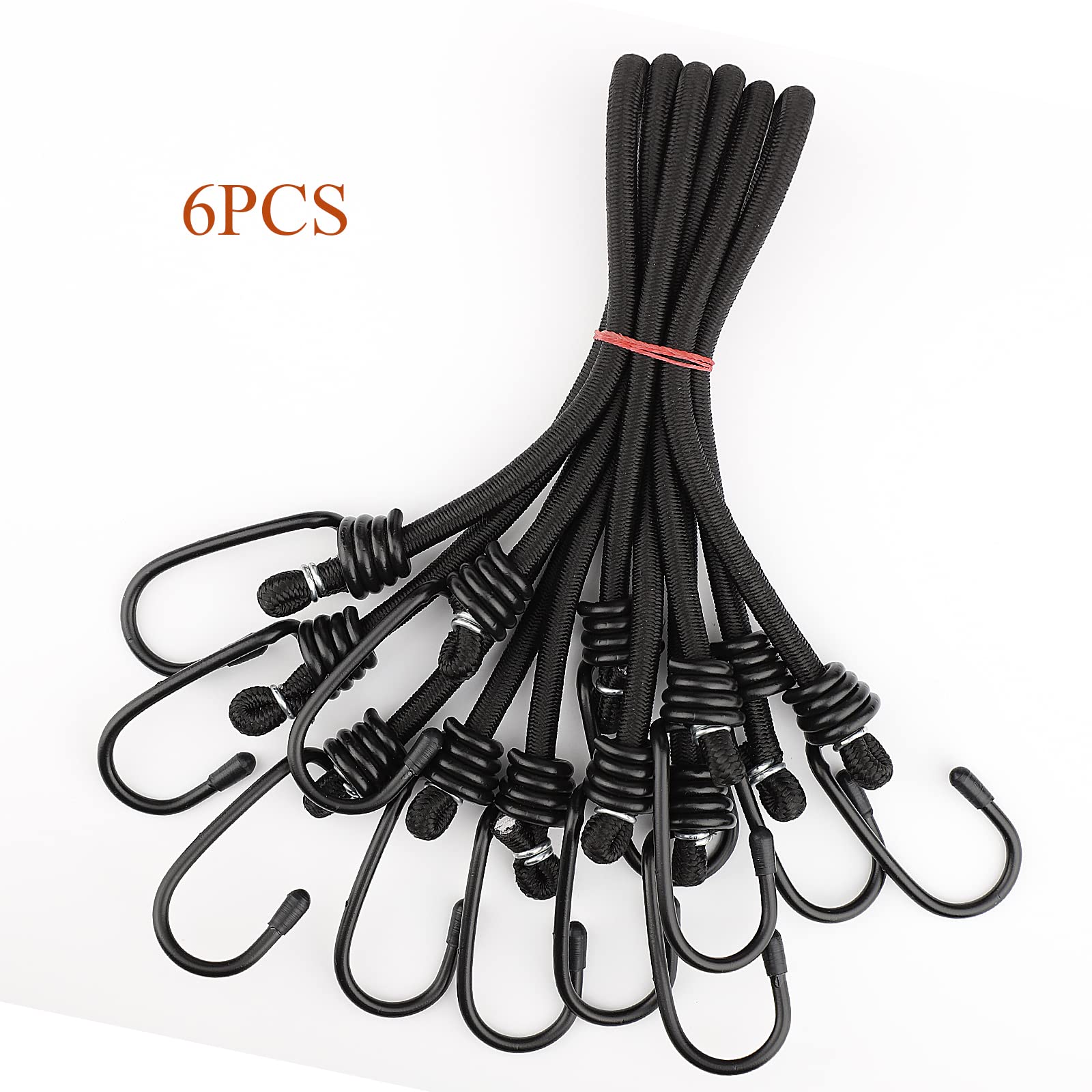 18 Inch Heavy Duty Bungee Cords with Hooks - 6 Pack Black Elastic Straps for Camping, Moving, Truck Tie Downs & Outdoor Gear Securing