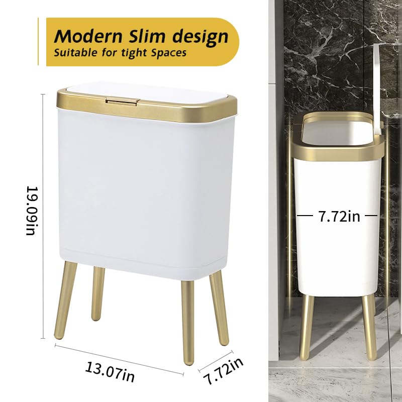 Procade 2-Pack White Trash Cans with Lid - Modern Narrow Bathroom Garbage Bins with Gold Trim, 4 Gallon Slim Plastic Waste Baskets for Bedroom, Kitchen, Living Room & Office - Perfect for Small Spaces & Home Decor