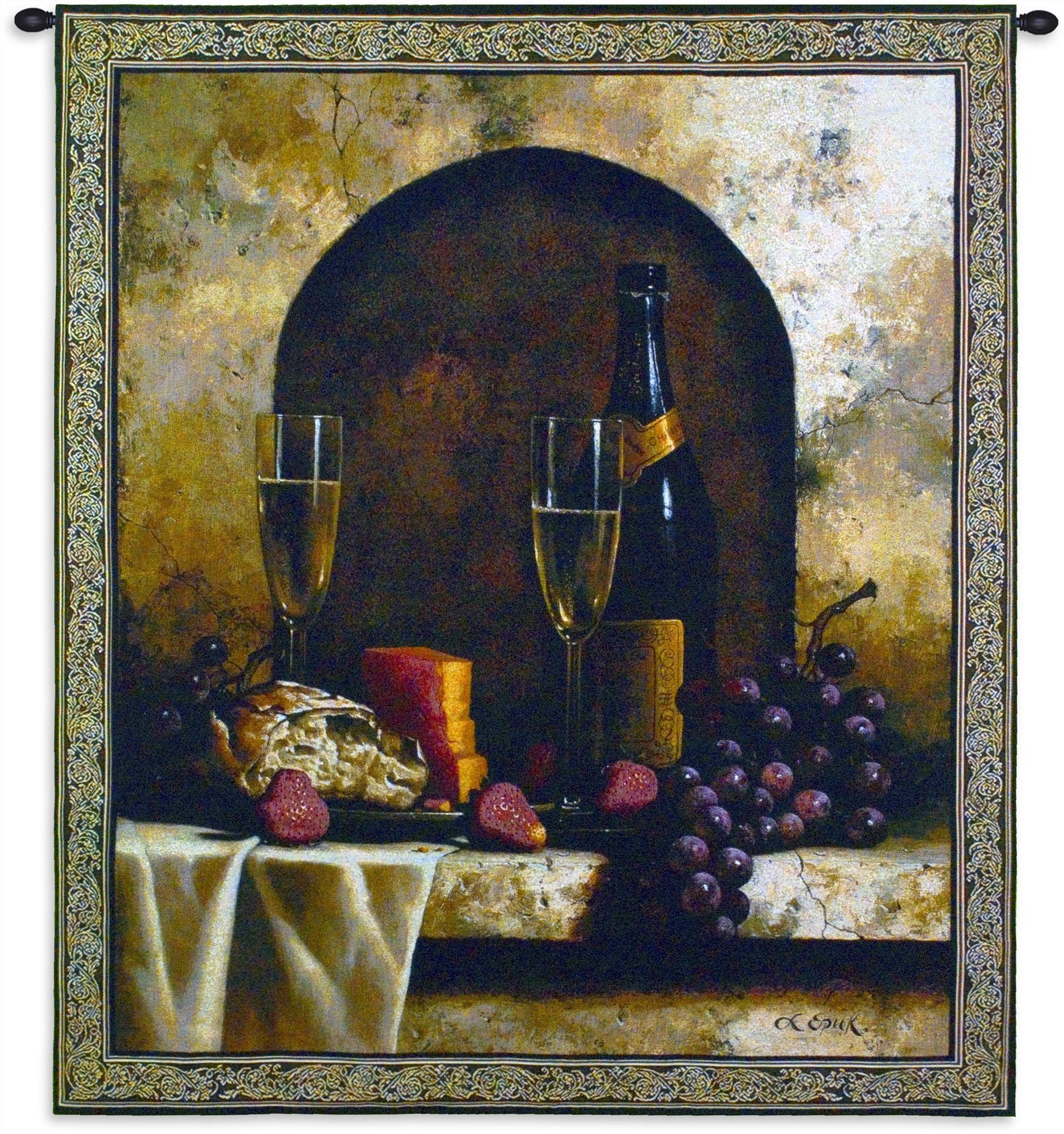 Loran Speck Date to Remember Woven Tapestry Wall Art - Wine Grapes & Cheese Still Life Decor - 100% Cotton USA Made 53x46 Inches - Perfect for Dining Room, Living Room & Bedroom Decor