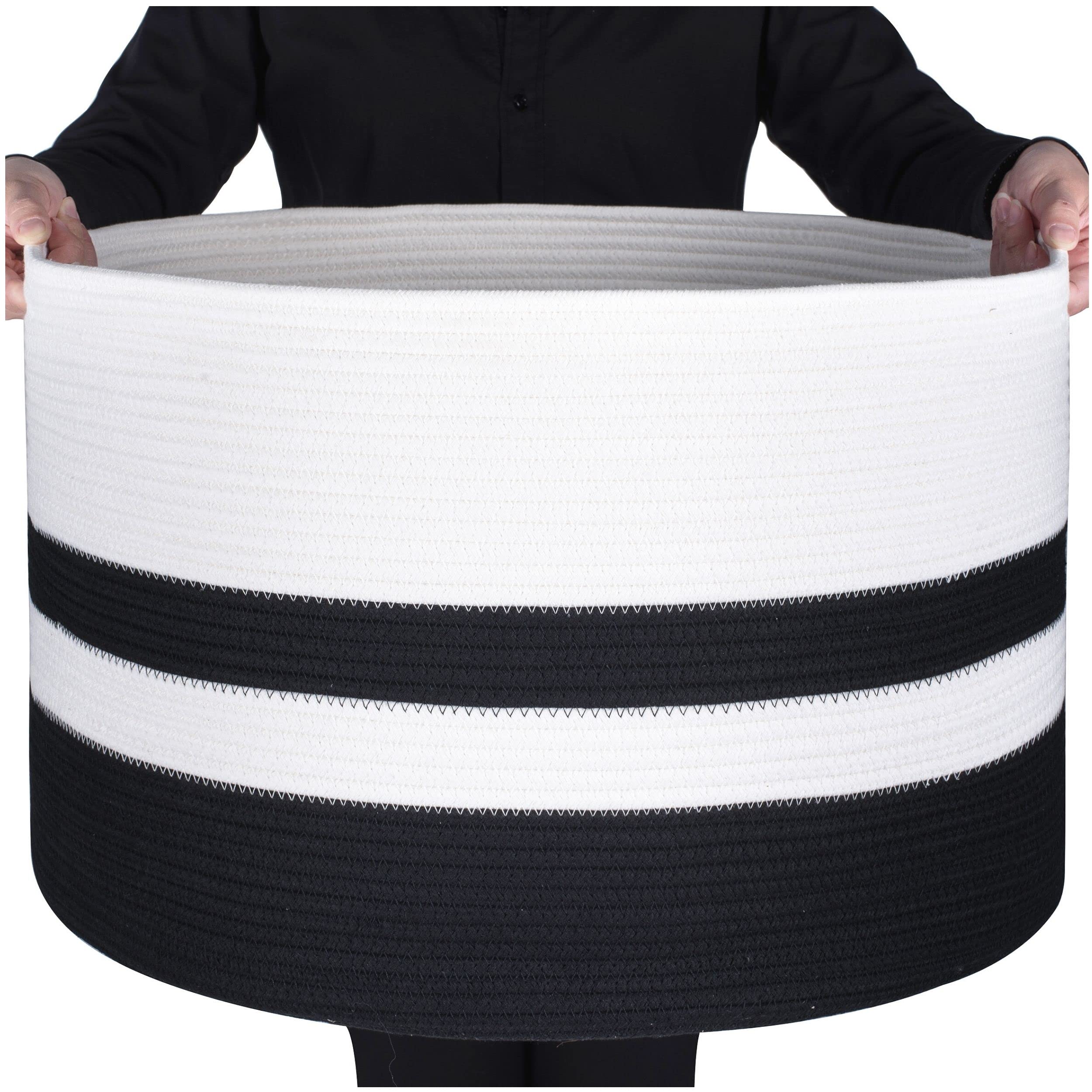 MINTWOOD Large 22x14 Inch Woven Cotton Rope Storage Basket - Blanket Organizer, Laundry Hamper & Toy Bin for Living Room, Bedroom, Nursery - Stylish Home Decor (Black) | Perfect for Cozy Blanket Storage, Kids' Toy Organization & Laundry Sorting