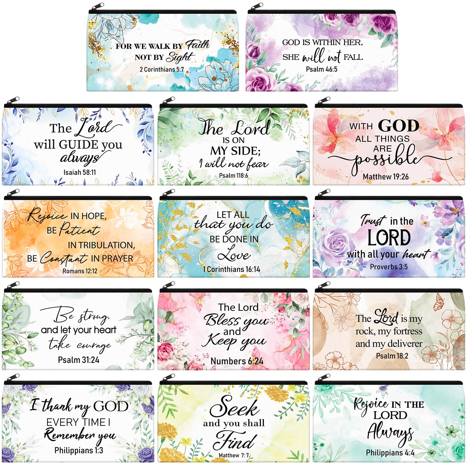 14 Pack Christian Makeup Bags with Bible Verses - Inspirational Religious Cosmetic Pouches for Women, Motivational Gifts for Travel, Graduation, Birthday Party Favors (Vibrant Colors) - Perfect for Church Events, Bible Study Groups & Faith-Based Gift Giving