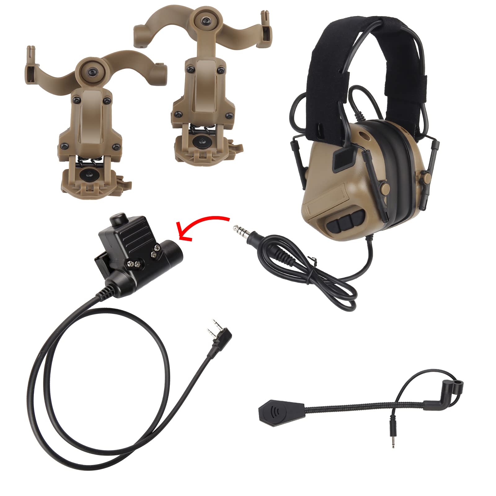 Tactical Shooting Headset with U94 PTT 2pin & ARC Rail Adapter - Noise Cancelling Ear Protection for Shooting Range, Hunting & Military Training (Tan)