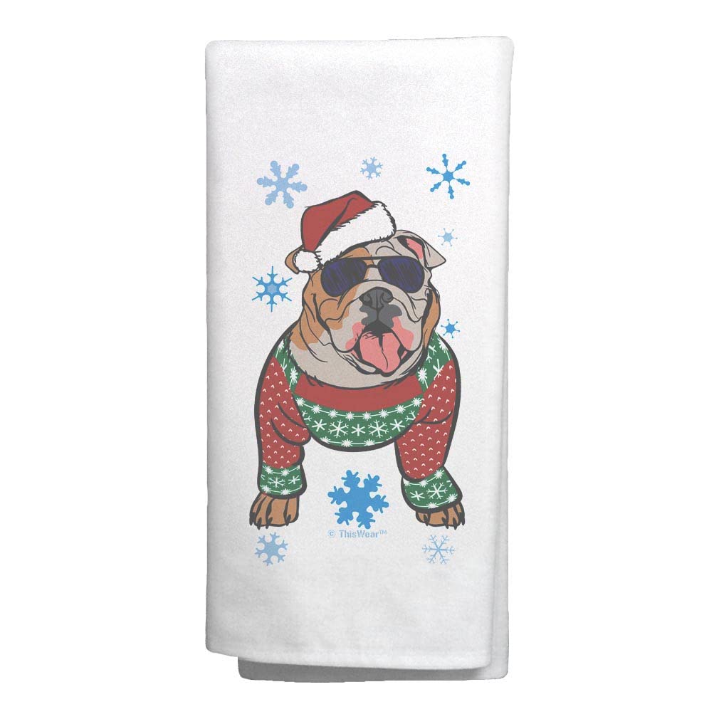 English Bulldog Ugly Christmas Sweater Holiday Decor - 2 Pack Kitchen Tea Towels for Festive Party Supplies, White | Perfect for Christmas Decorations, Gifts & Holiday Kitchen Accessories