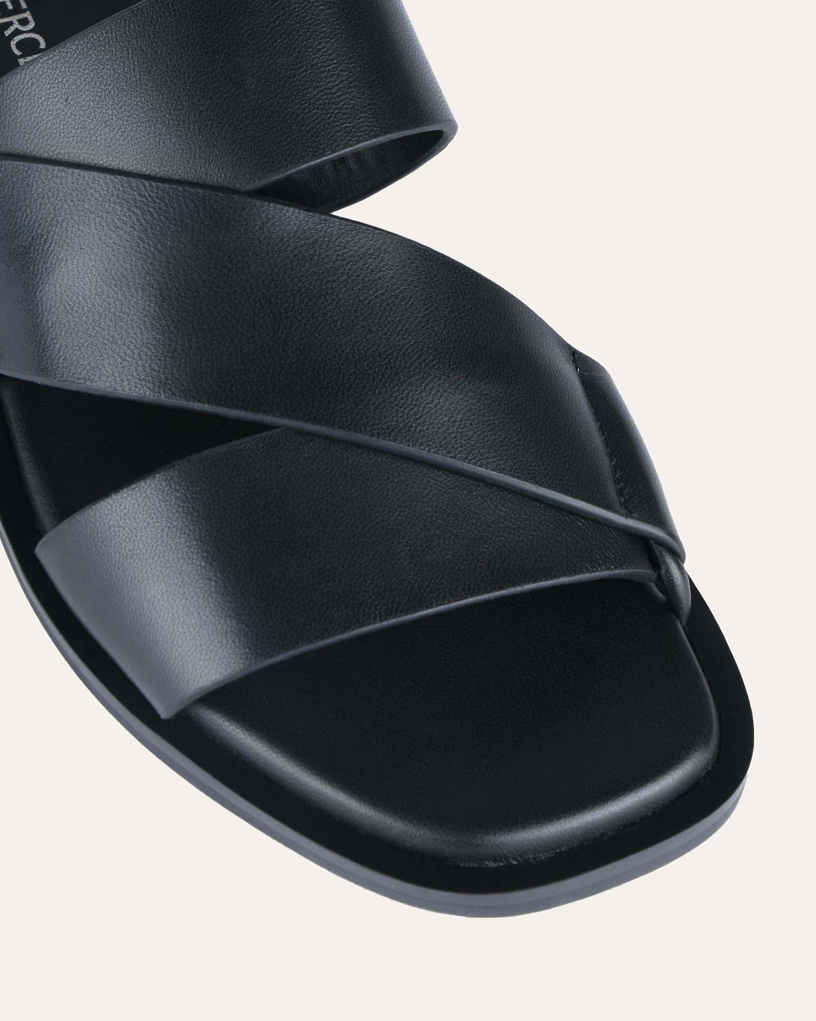Shelby Black Leather Flat Slides - Comfortable Women's Sandals for Casual Wear, Beach, and Summer Outfits