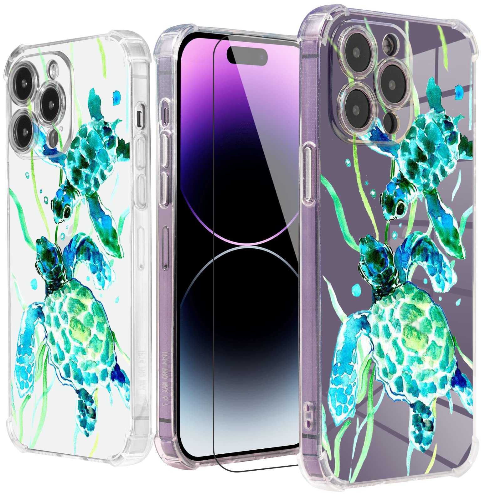 Turtles Design iPhone 12 Pro Max Case - Watercolor Pattern Soft TPU Protective Cover with Screen Protector | 6.6ft Drop Protection | Perfect for Beach Lovers & Ocean Enthusiasts