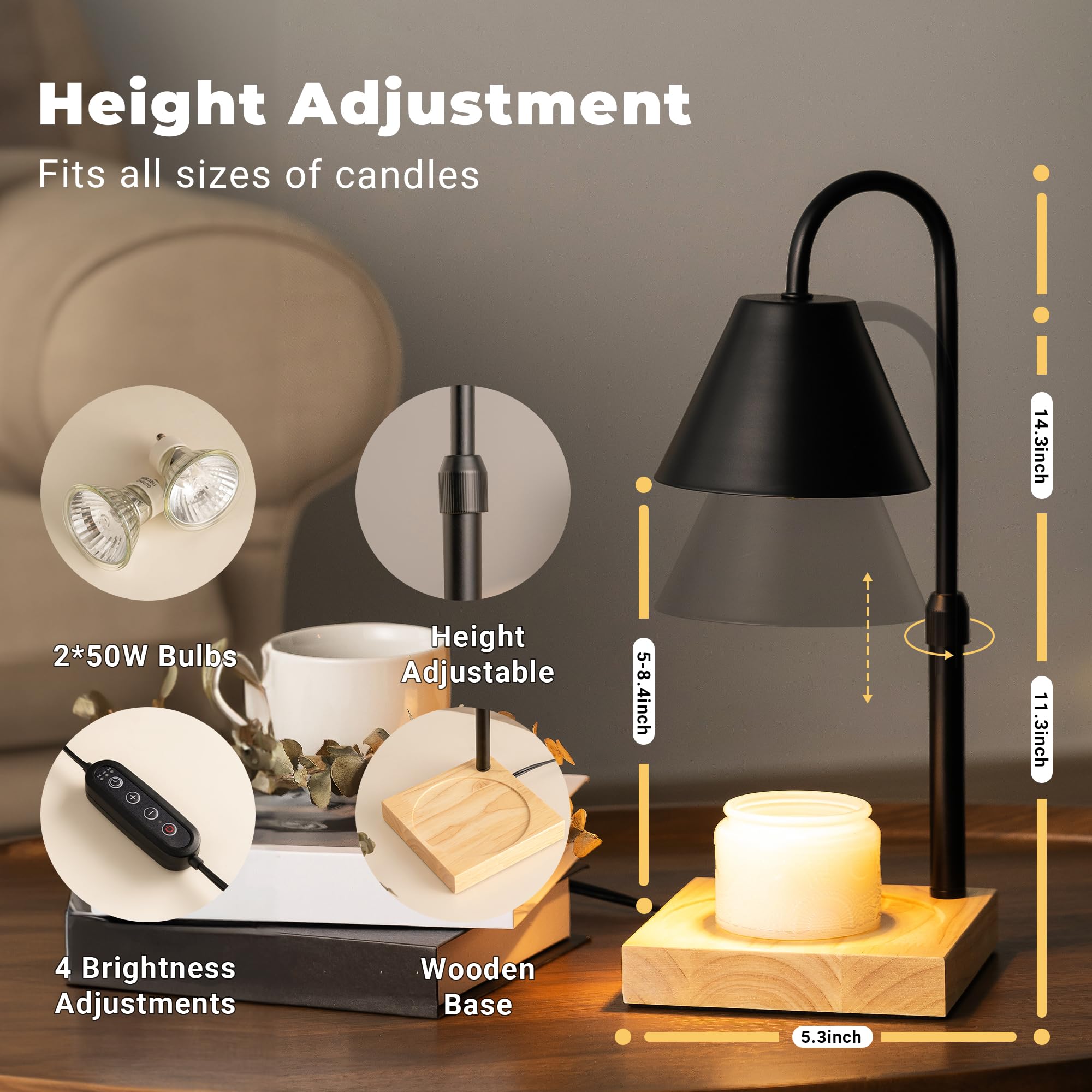 Black Dimmable Candle Warmer Lamp with Adjustable Height & Timer - Wooden Base Wax Melter for Scented Candles (Includes 2 Bulbs) - Perfect for Home Decor, Aromatherapy & Relaxation