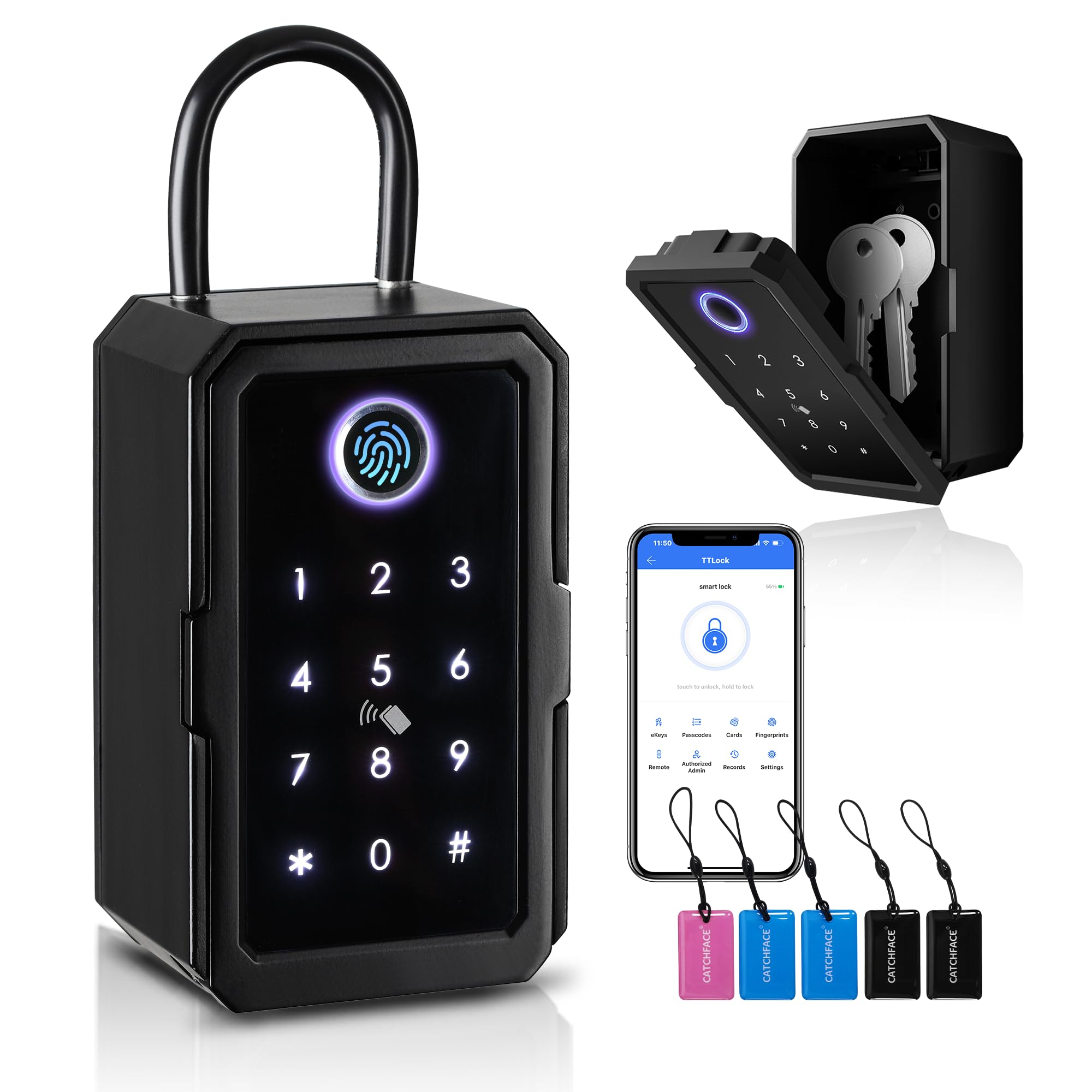 CATCHFACE Smart Bluetooth Key Lock Box - 5-in-1 Key Safe with TTLock APP & Ekey Sharing | Waterproof Wall Mount & Door Handle Lockbox for Home, Apartment, Realtor & Office Use | Secure Key Storage Solution for Vacation Rentals, Airbnb Hosts & Property Managers