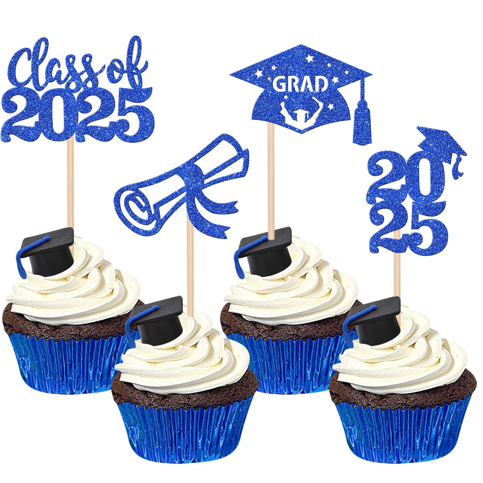 24 PCS 2025 Graduation Cupcake Toppers - Glitter Class of 2025 Diploma & Grad Cap Cake Decorations - Blue Graduation Party Supplies for Cupcakes, Cakes & Desserts - Perfect for Graduation Ceremonies, Parties & Celebrations