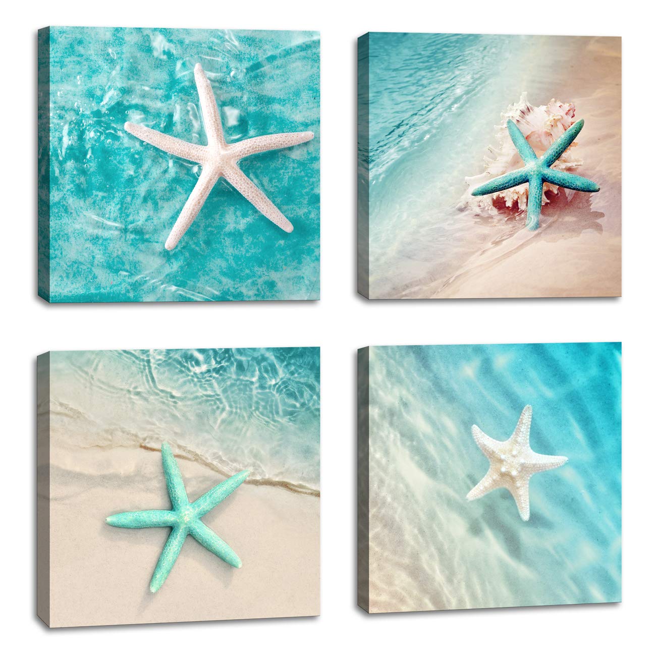 BQVCT Beach Green Starfish Canvas Wall Art - 12x12 Inch x4 Panels, Ready to Hang Bathroom & Home Decor, Natural Beach Pictures for Coastal Living Room & Bedroom Decorations